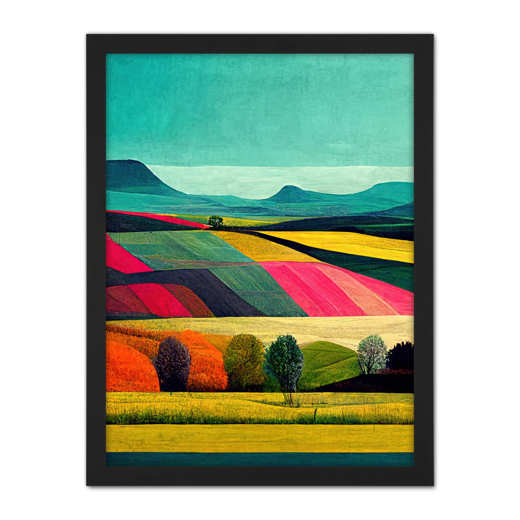 Wee Blue Coo Colourful Bright Countryside Fields Landscape Painting Artwork Framed Wall Art Print 18X24 Inch