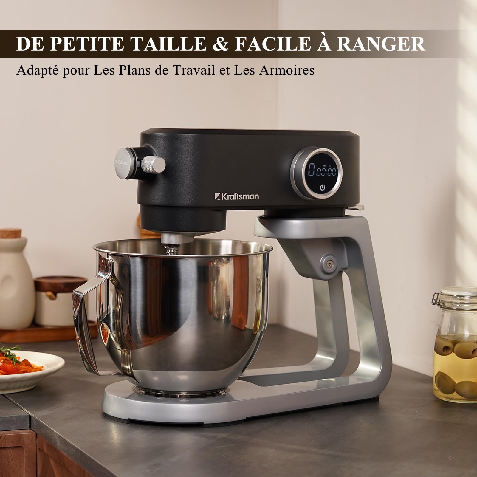 Robot Pâtissier, 5 L Robot de Cuisine Tout en Métal avec Port d’Alimentation Universel et Fonction Minuterie, Pétrin Professionnel à 8 Vitesses avec Batteur, Crochet, Fouet (Noir)
