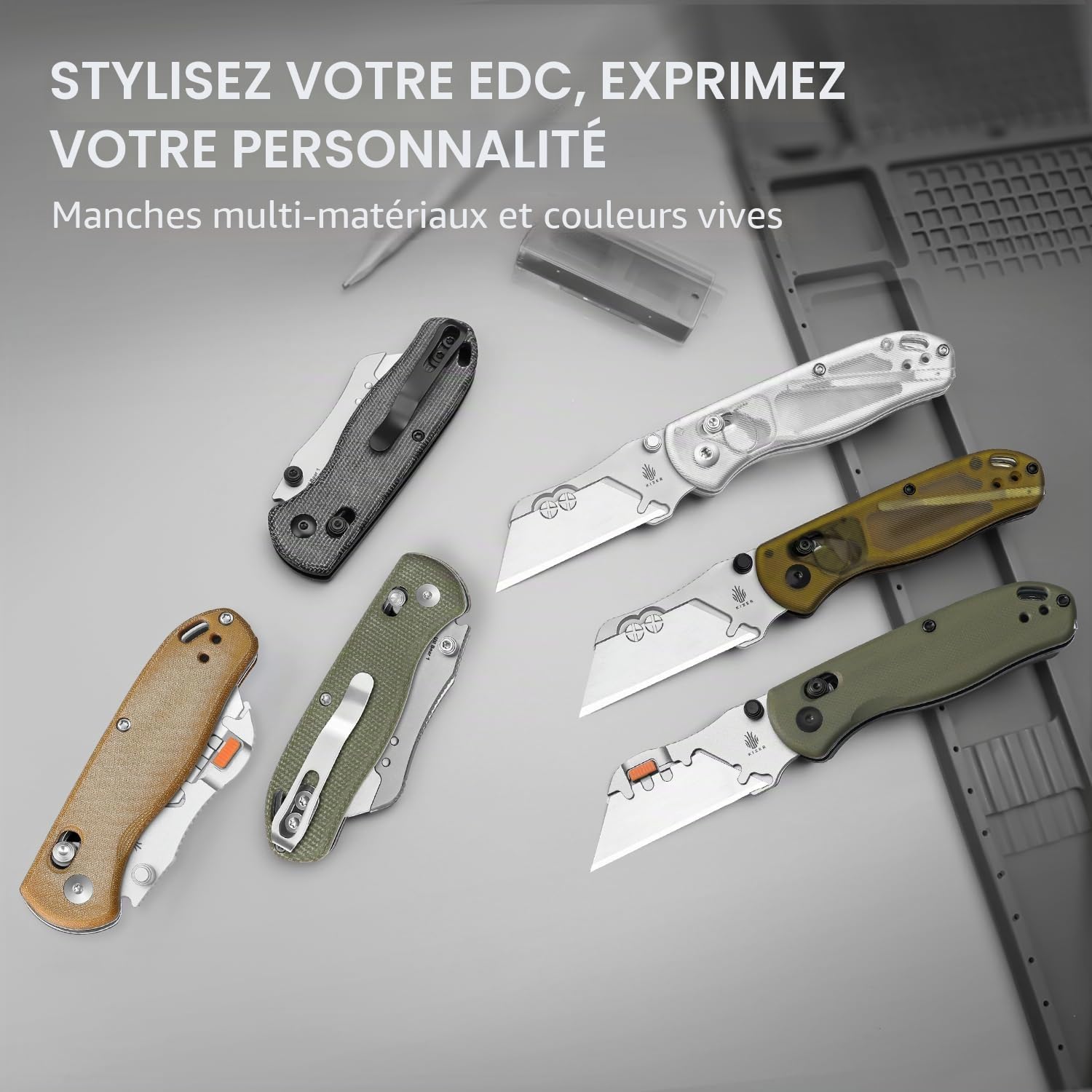 Kizer Drop Bear (Version à Double Vis) Couteau Utilitaire Pliable, Cutter à Verrouillage à Embrayage Couteau de Poche EDC avec 10 Lames de Rasoir, Couteaux de Poche avec Clip de Poche V3619JA5
