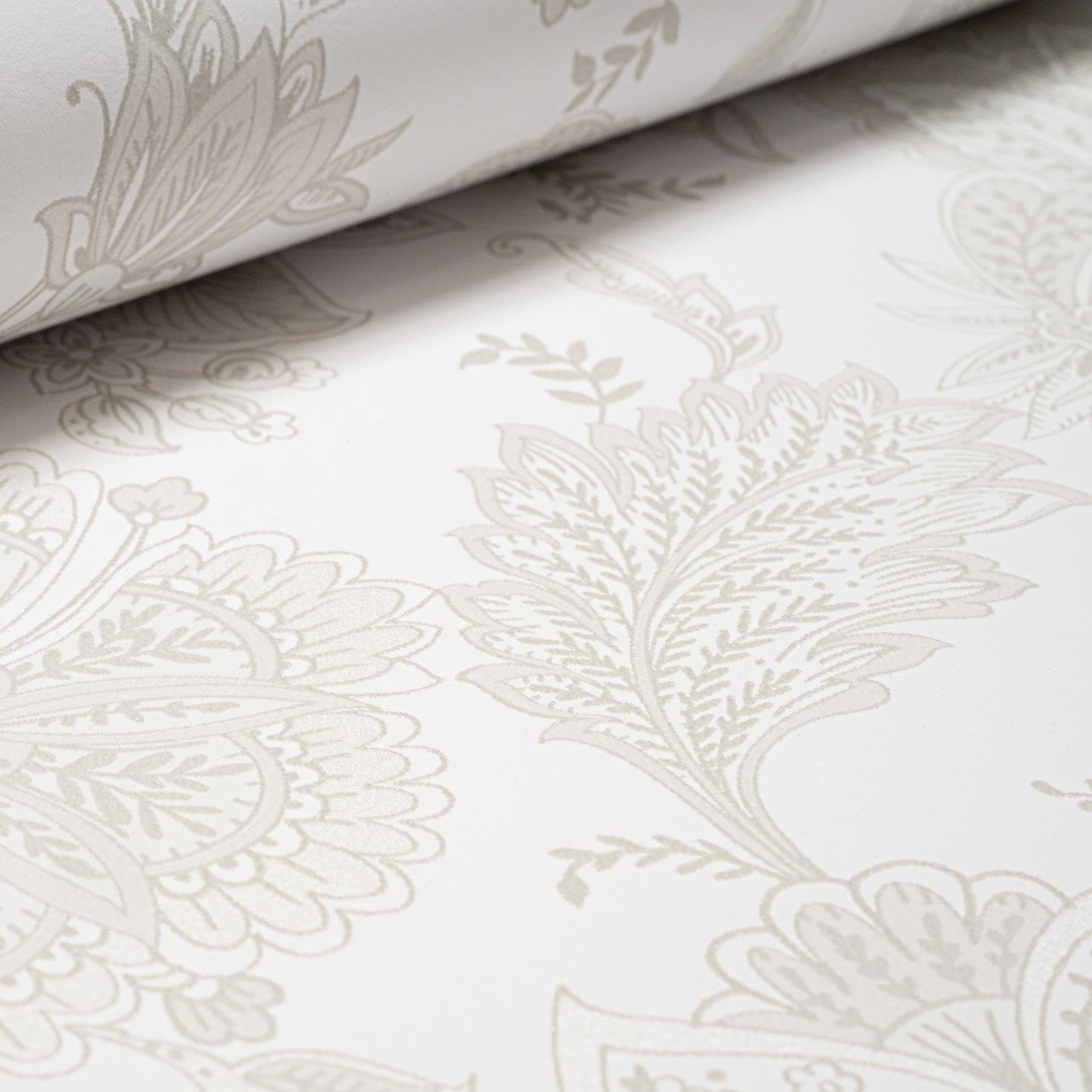 Sophie Laurence White Beige Damask Wallpaper Floral Beige White Silver Shimmer Smooth Vinyl Feature Wall For Living Room