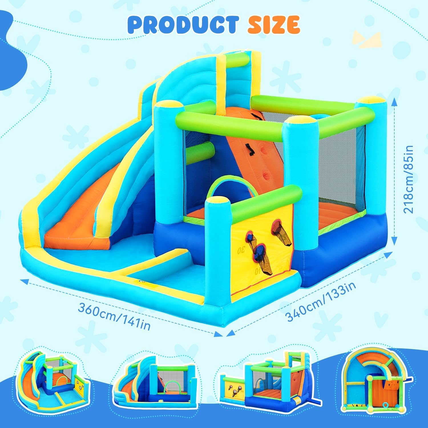 Parco acquatico gonfiabile con scivolo, spruzzatore, trampolino, piscina, parete da arrampicata e canestro da basket, include ventilatore d'aria, casa di rimbalzo all'aperto per bambini e bambini, può