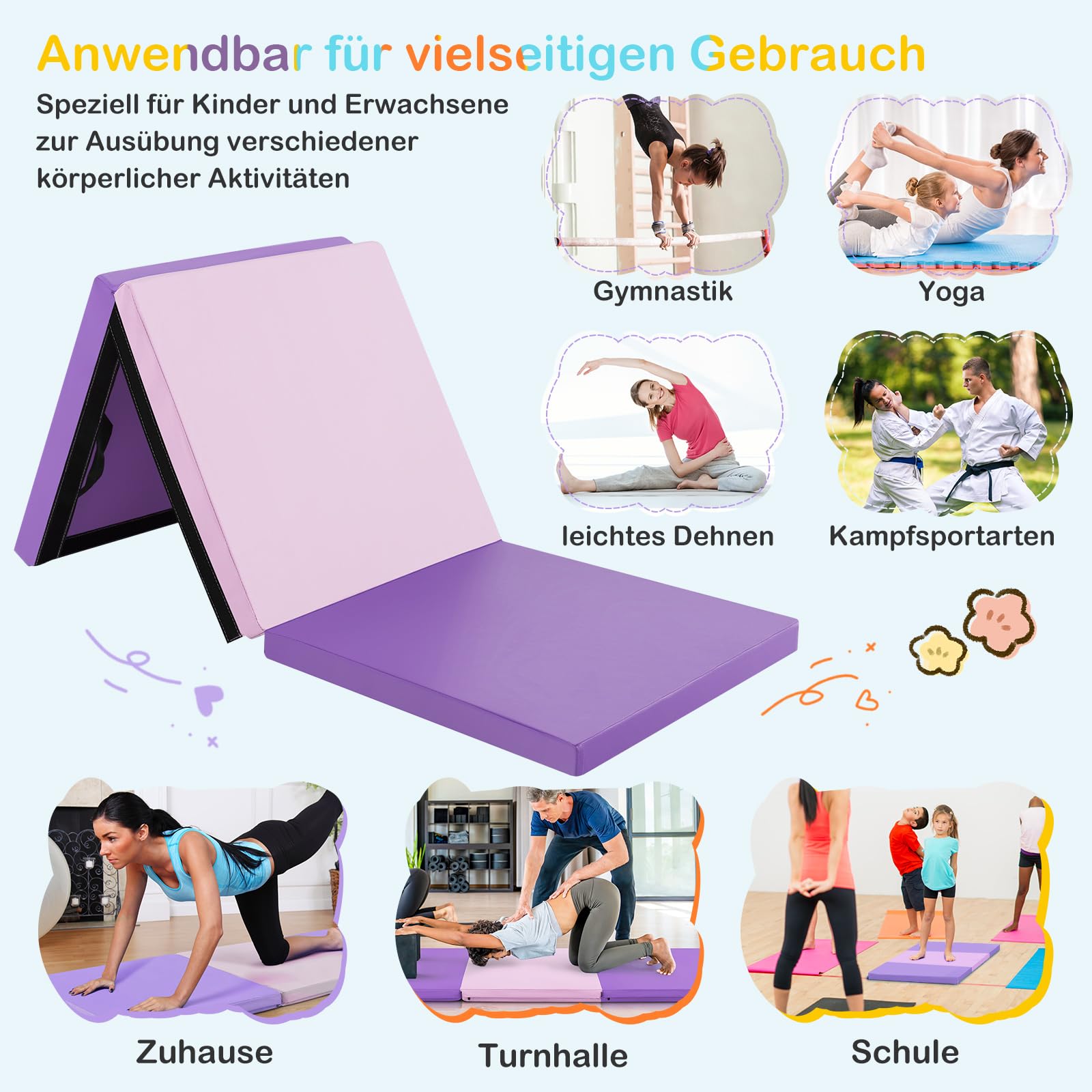 GOPLUS Weichbodenmatte, 180 x 60 x 5 cm Yogamatte rutschfest mit Klettverschlüssen & Tragegriffen, Gymnastikmatte klappbar aus PU-Leder, Turnmatte zum Trainieren von Gymnastik & Yoga
