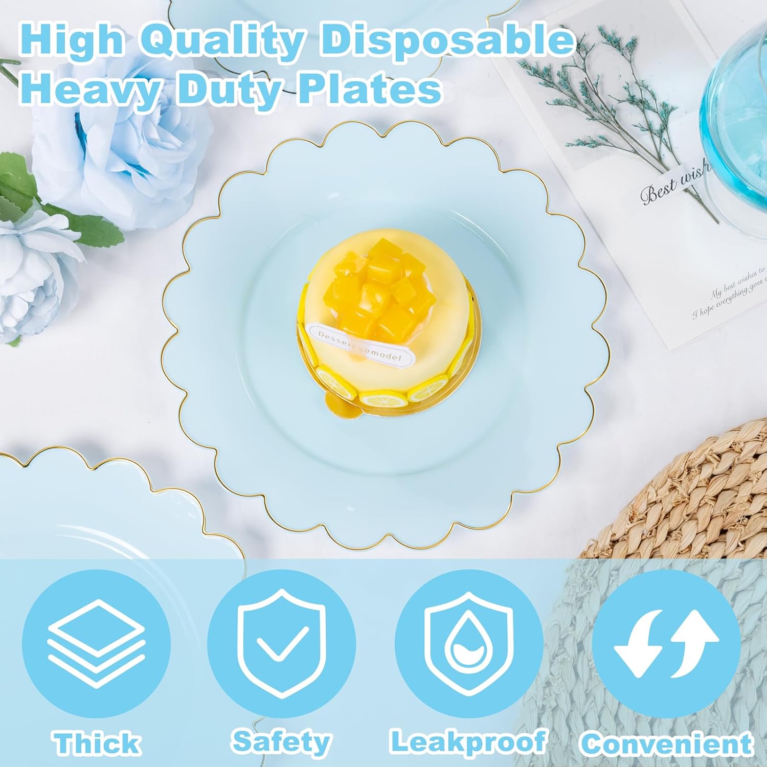 LIYH 100 Pcs Blue Plastic Plates - 7.5 Inch Scalloped Edges Disposable Dessert/Salad Plate- Blue with Gold Rim Premium Hard Appetizer Cake Plastic Plates for Party,Weddings,Bridal Shower - Image 7