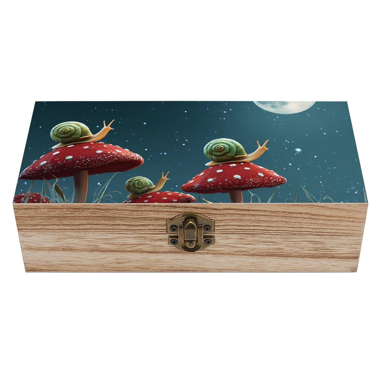 HLBSDM Moon Mushroom Snails Printed Wooden Box with Hinged Lid Decorative Storage Case Container