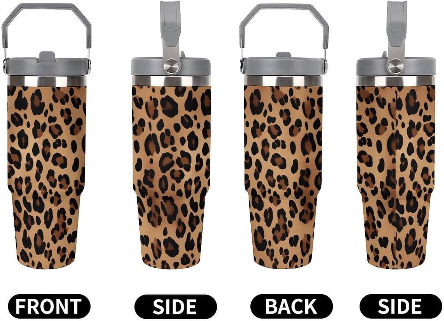 30oz Insulated Tumblers with Top Handle, Stainless Steel Leopard Print Car Cup with Straw for Gift, Leak-Proof Double Wall Vacuum Travel Mug, Personalized Water Bottles White