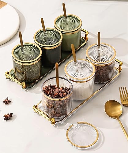 Miniatura 7 de Tarros acrílicos para especias de condimentos, caja de especias para condimentos con tapas y cucharas y bandeja, recipientes de plástico