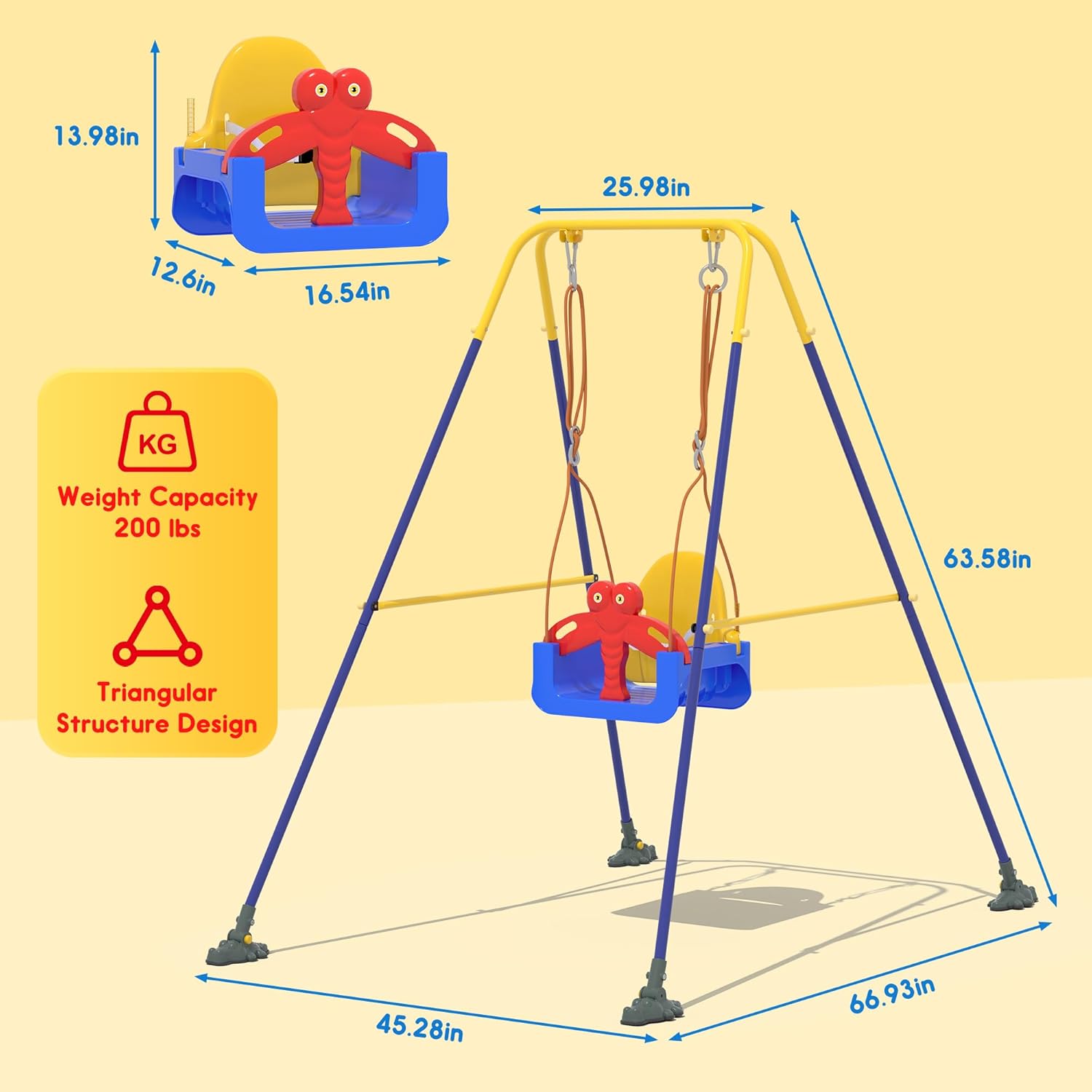 3-in-1 Toddler Swing Set, Baby Swing with Safety Belt, Indoor/Outdoor, Easy to Assemble Kids Swing Seat with Sturdy Metal Stand for Playground, Backyard and Nursery, Blue Yellow