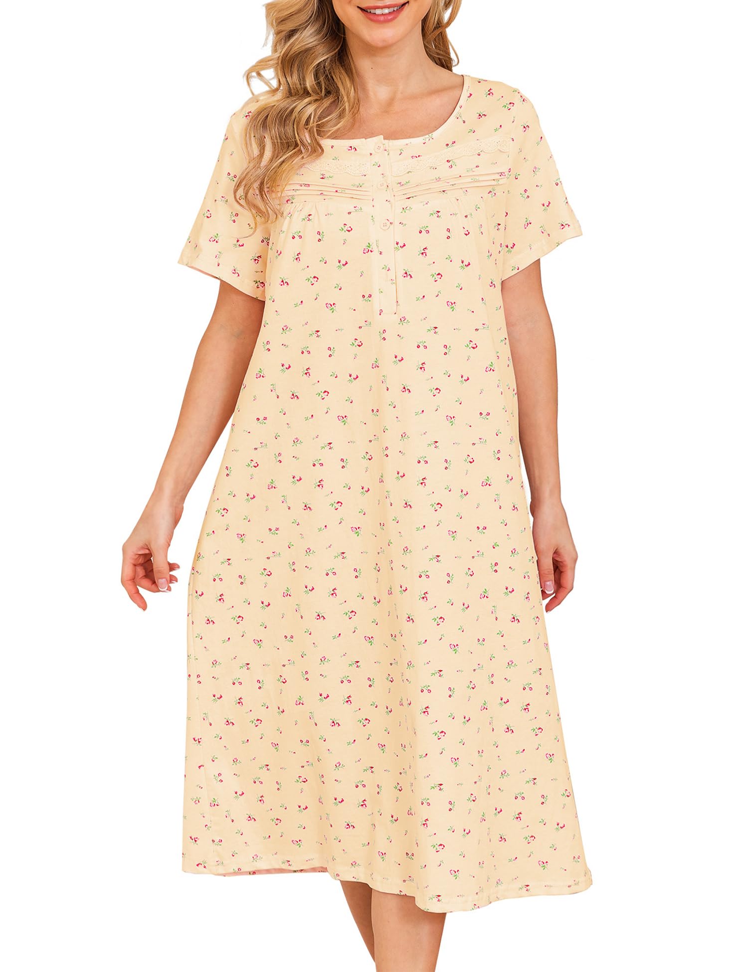 Bloggerlove Camicie da notte da donna in morbido cotone con motivo floreale, abito da casa a maniche corte/lunghe, comodo abito da notte per le signore