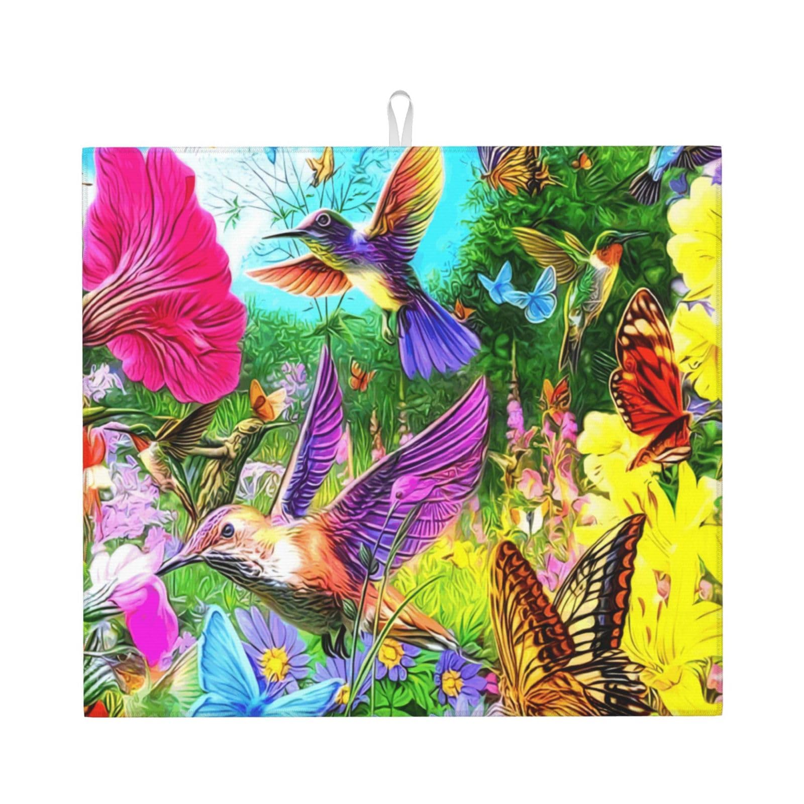 Yyhhaofa Black Spring Floral Butterfly Hummingbird Prints Kitchen Drying Mat – Absorbent Dish Throw For Countertops, Non-Slip Quick-Dry Layer With Stylish Prints