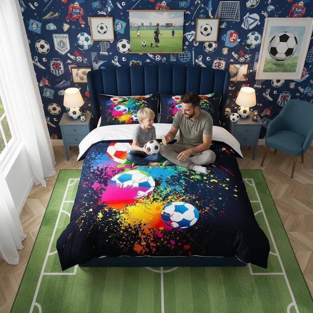 Loussiesd Sport Bedding Set for Girls Boys Children Kids Football Bedding & Linen Sports Games Duvet Cover Set Bright Vibrant Soccer Ball Bedspread Cover Super King Bedding Collection — image 1