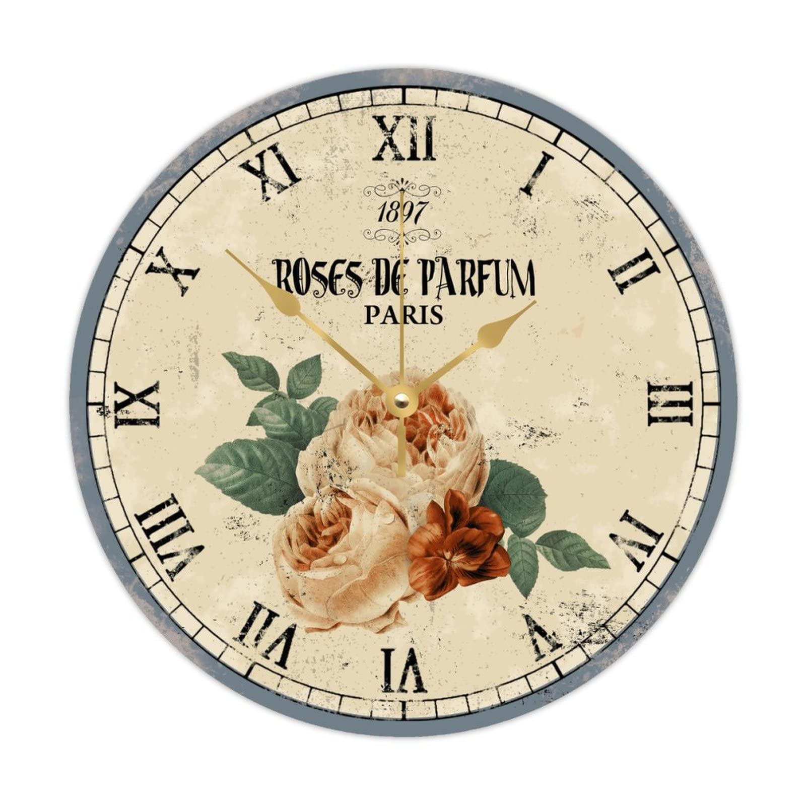 Horloge murale vintage en bois motif floral grand format silencieux 38cm