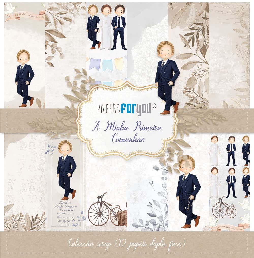 Papers For You – Portuguese Scrapbooking Paper Kit "A Day of Illusion Boy Blonde" Collection | Includes 12 Double Sided Papers with Different Designs | Size 30.48 x 30.48 cm (12" x 12")