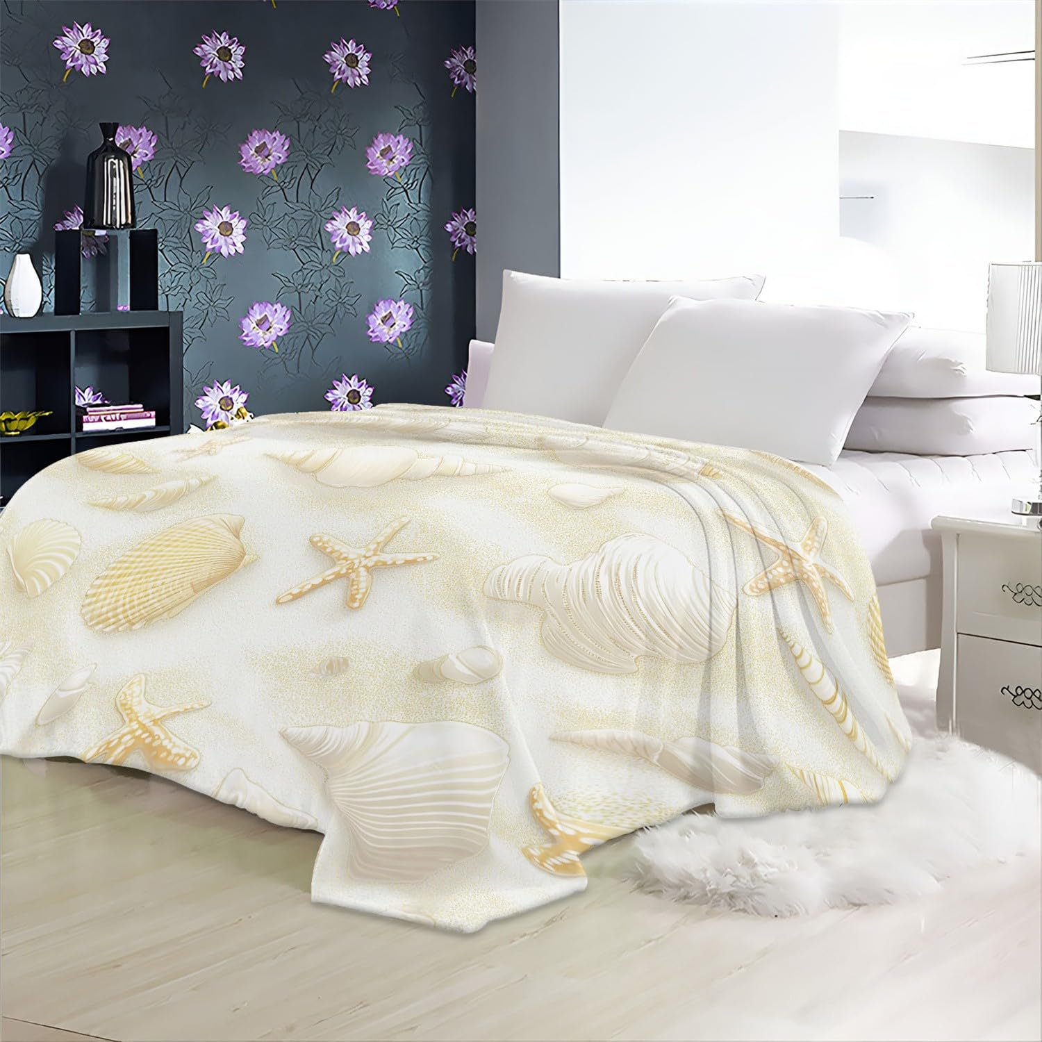 Super miękki koc flanelowy do mieszkania, 220 x 240 cm, z elementami plażowymi, miękki, puszysty, dla niemowląt, ciepły, przytulny, biały, koc na sofę, dla dziewcząt, chłopców, na prezent, na każdą