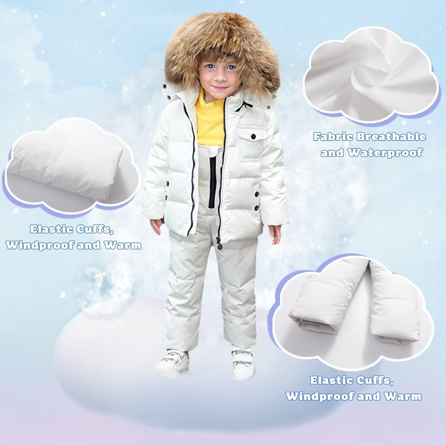 Baby Snowsuit Toddler Winter Hooded Artificial Fur Down Boys Girls Jacket Coat and Ski Bib Pants Warm Fashion Outwear