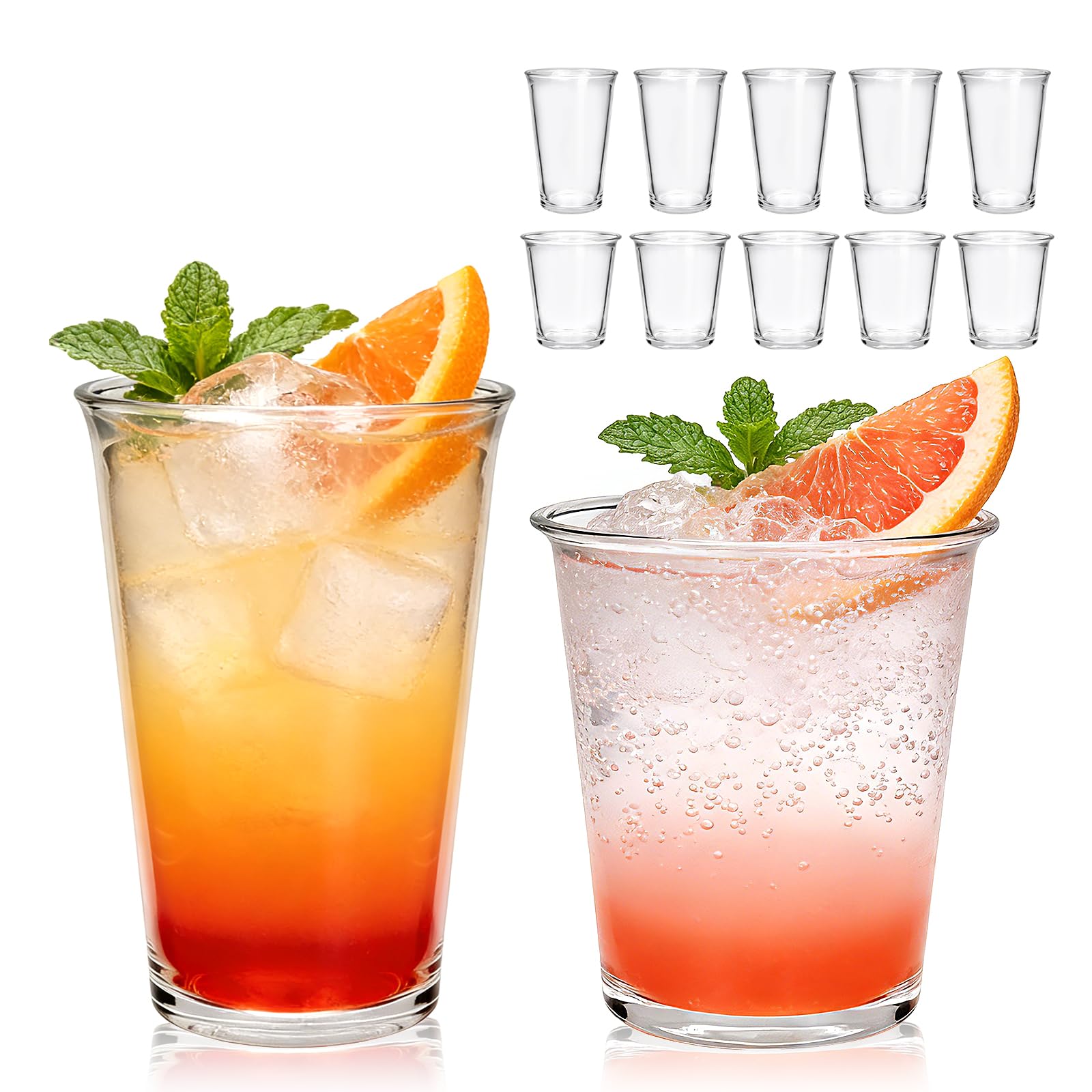 Mapoxy 12 Pack Glass Cups Set with Rolled Rim 12 oz Highball Glasses 10 oz Cocktail Glasses Thick