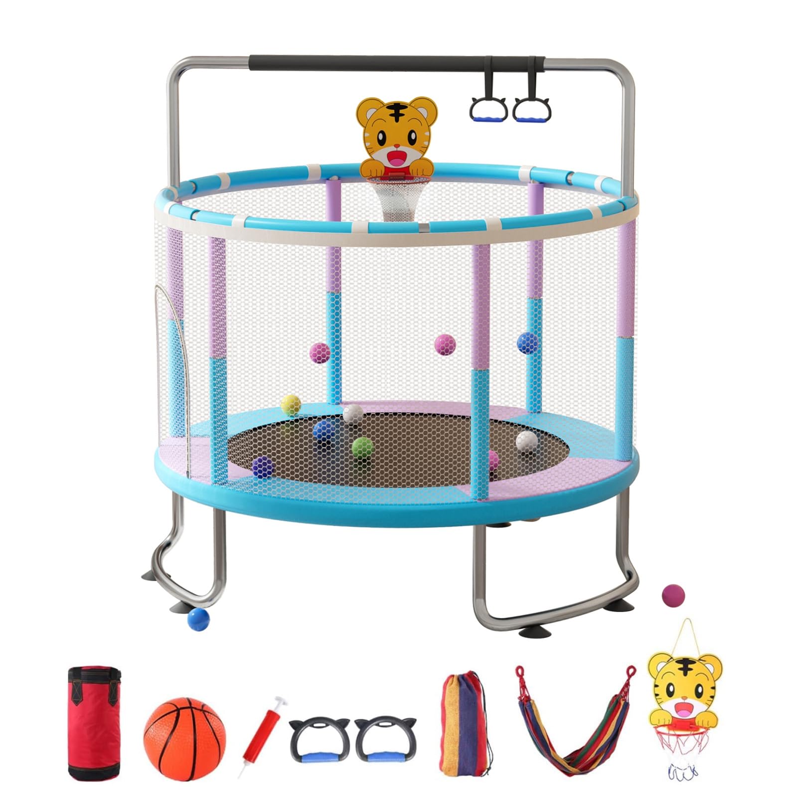 Masiunoz 5Ft Toddler Trampolines, Adjustable Infant Toddler Trampoline with Basketball Frame Swinging Sandbag, 440 lb. Weight Capacity with Safety Net, Indoor/Outdoor Use (Blue-Purple, 5 ft.)