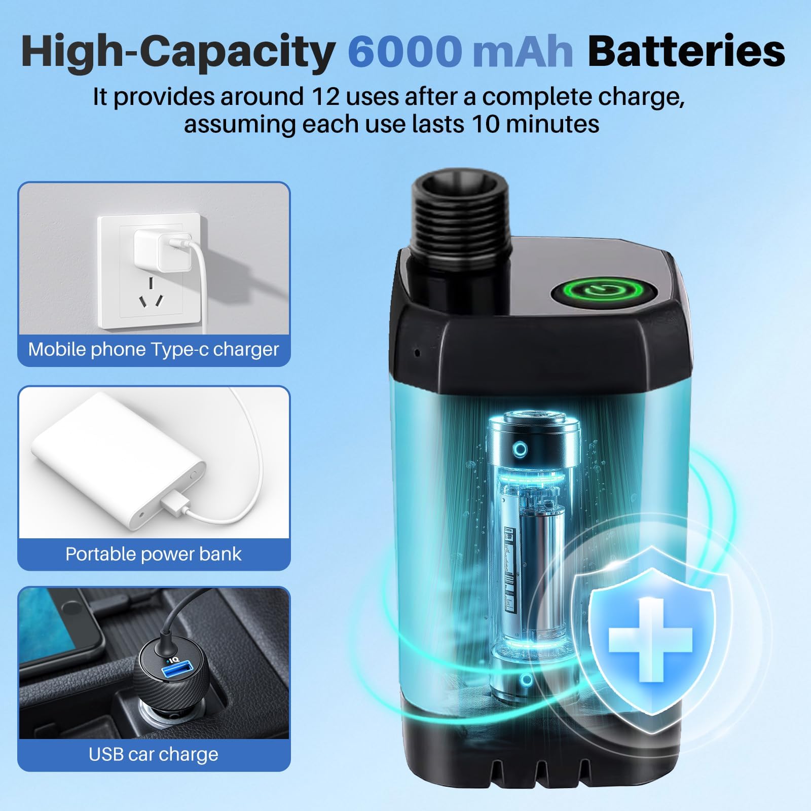 Ducha portátil de camping con calentador, ducha de camping recargable de 6000 mAh con calentador de apagado automático de 2000 W, pantalla LED, ducha climatizada al aire libre para viajes