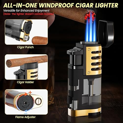 Miniatura 4 de Travel Cigar Humidor Set with Torch Cigar Lighter, V Cigar Cutter, Cigar Ashtray, Cigar Holder, Humidifier & Hygrometer, Portable Travel Cigar Case