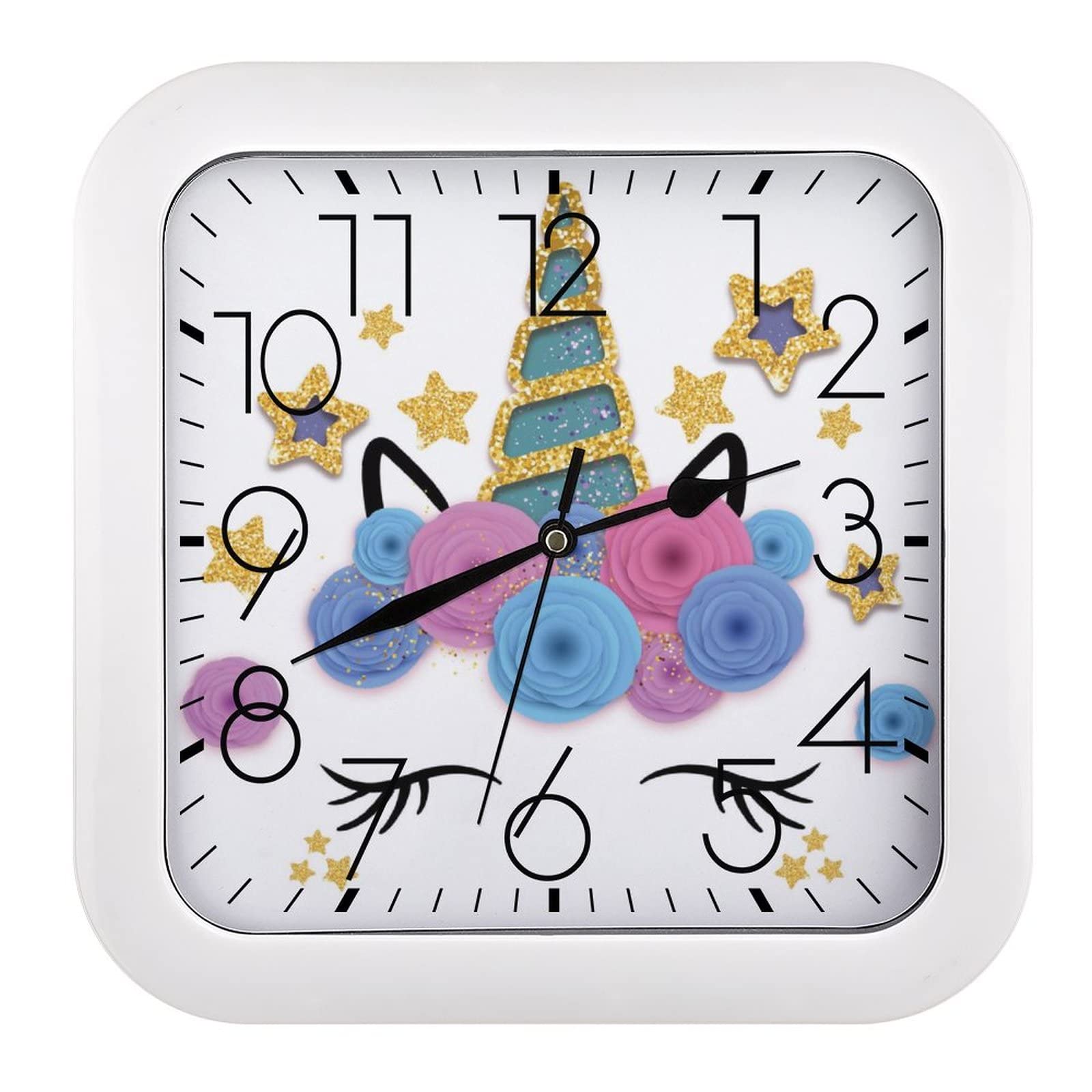 Horloge murale carrée fleur de licorne grands chiffres salon cuisine