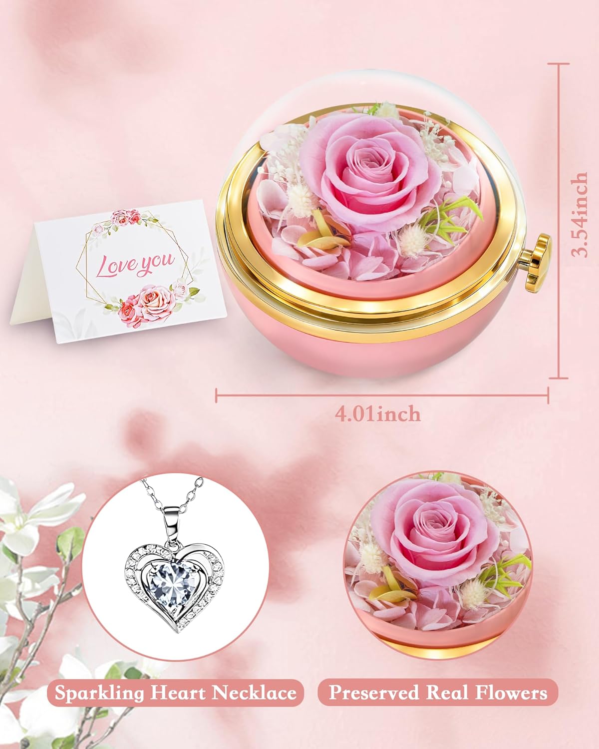 HVY Preserved Real Rose with Heart Necklace Birthday Gifts for Women Preserved Fresh Flowers for Delivery Prime Forever Flowers Gifts for Mom Wife Grandma on Valentines Mothers Day Anniversary Pink - Image 5