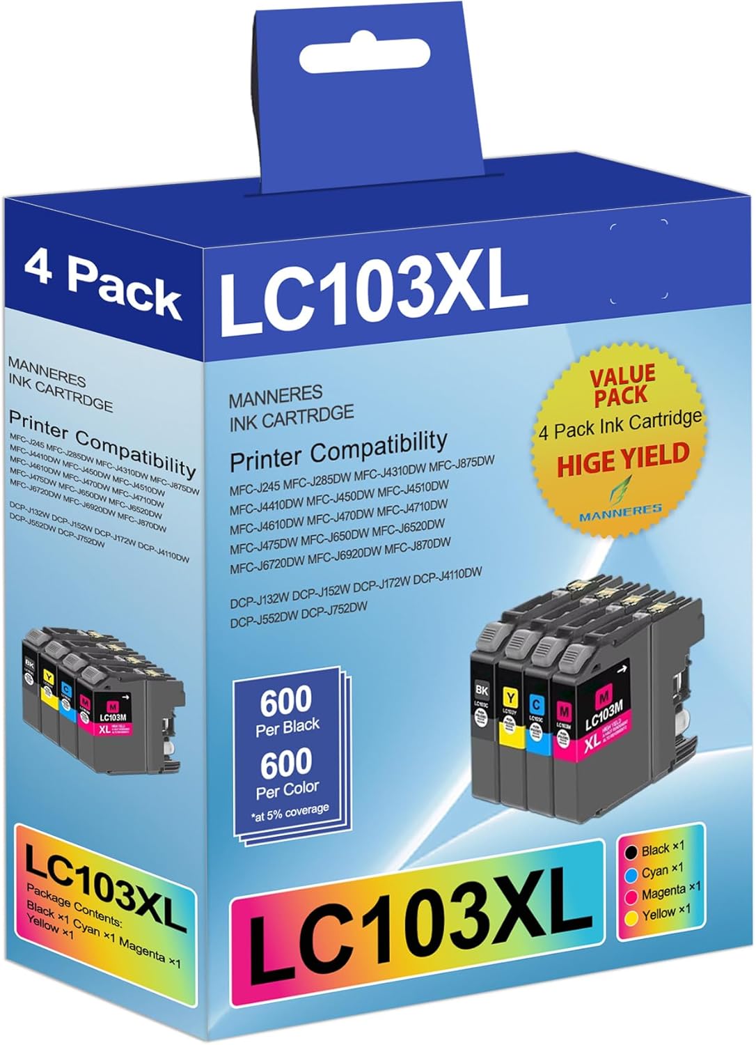LC103 High Yield Ink Cartridges Replacement for Brother LC103XL LC101 Work for MFC-J870DW MFC-J6920DW MFC-J6520DW MFC-J450DW MFC-J470DW (1 Black, 1 Cyan, 1 Magenta, 1 Yellow, 4-Pack)