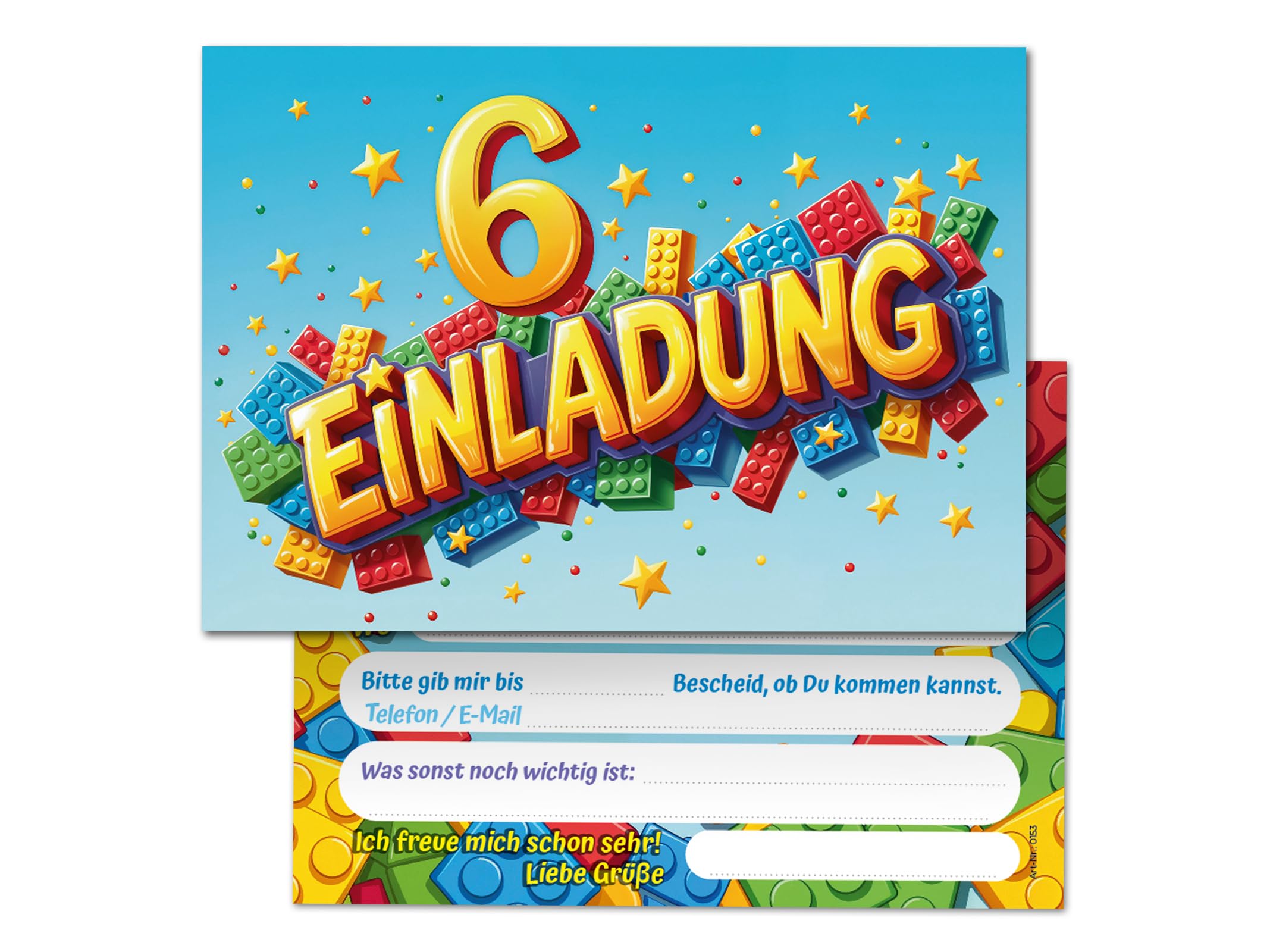 Junaversum 12 Einladungskarten zum 6. Kindergeburtstag Bausteine Mädchen Jungen Kinder coole bunte Einladungen sechste Geburtstag Geburtstagseinladungen Kids
