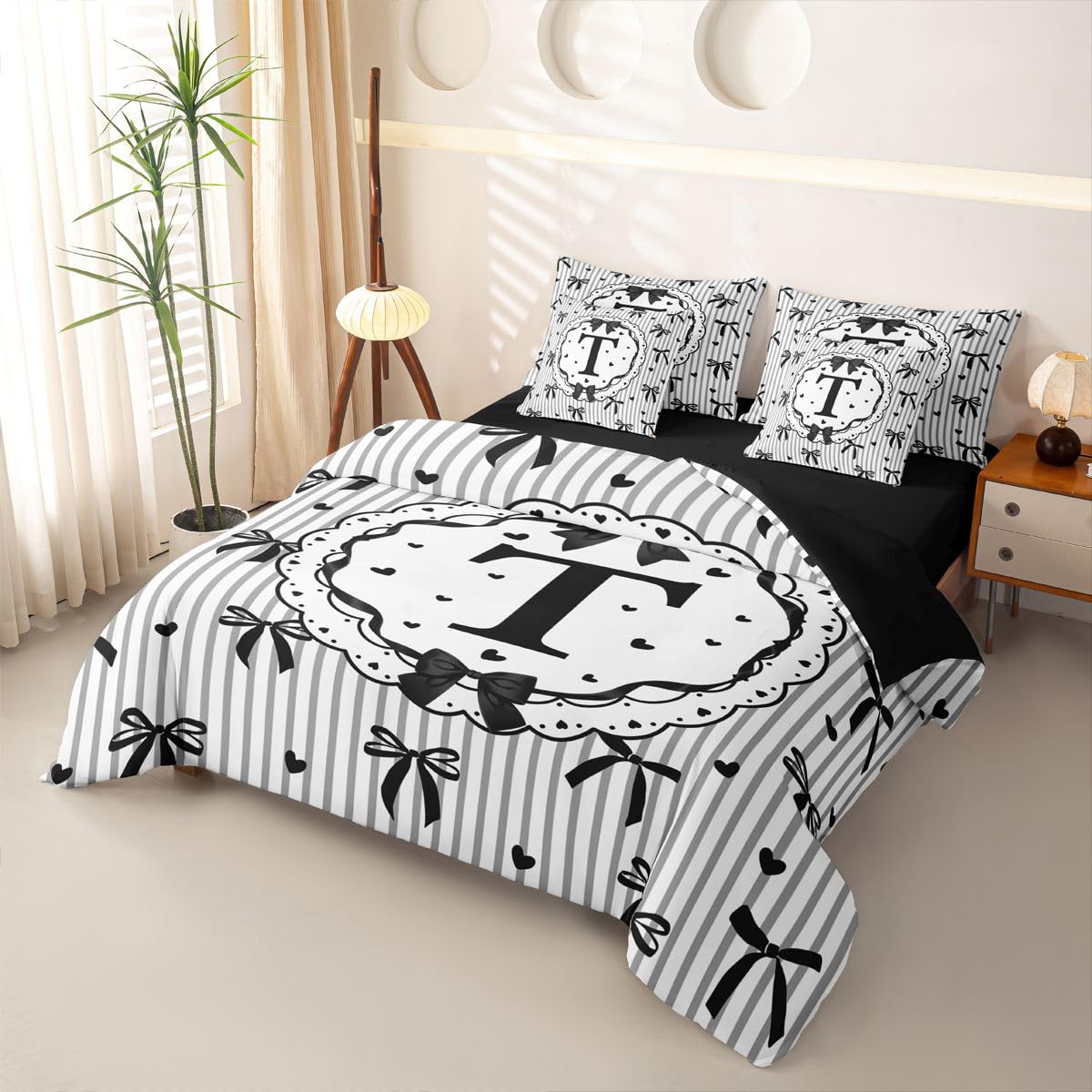 Loussiesd Juego de funda de edredón con sábanas de 7 piezas, tamaño Super King, con letra T inicial en una bolsa, juego de ropa de cama para niños y niñas, decoración de dormitorio, transpirable