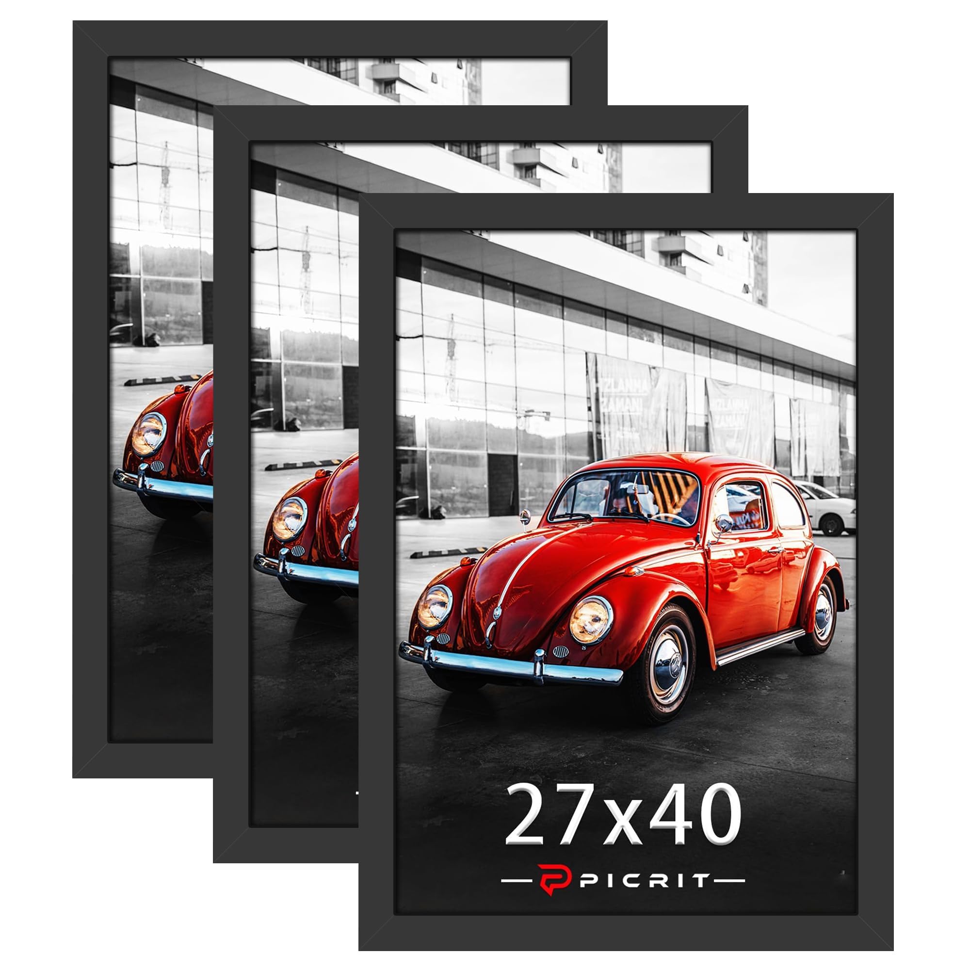 Picrit 27x40 inch Poster Frame 3 Pack, Black Poster Frame, Display Poster 24 x 36 with Mat or 27 x 40without Mat for Horizontal or Vertical Wall