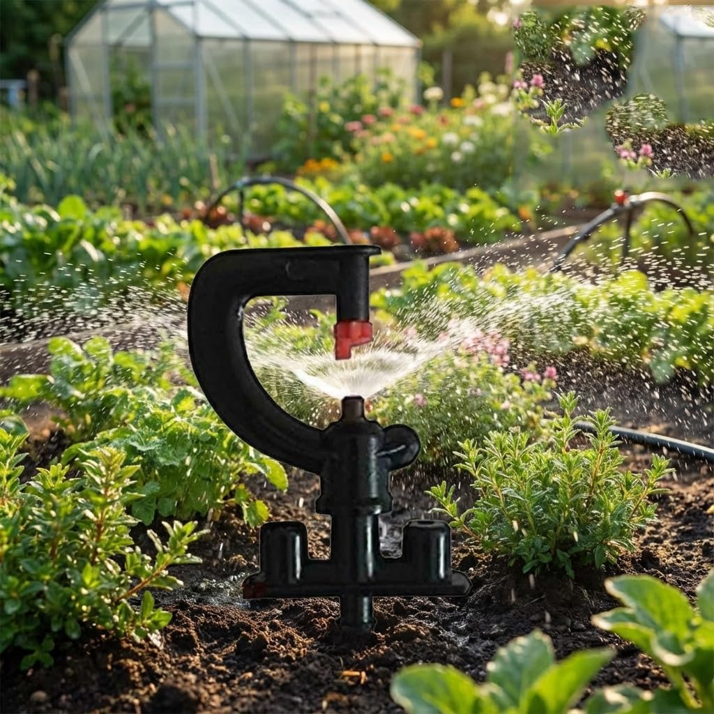 Suinga. Lot 50 arroseur 180º montés avec microtube et Prise avec Piquet 40 cm pour arrosage agricole et Jardinage. Microasperseur 180º avec débit 73 à 125 l/h et portée 1,7 mètres