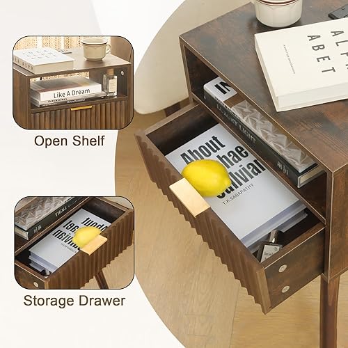 Miniatura 4 de Mid Cetury - Moderna mesita de noche con estación de carga, mesita de noche acanalada con almacenamiento, mesa auxiliar moderna con patas de madera