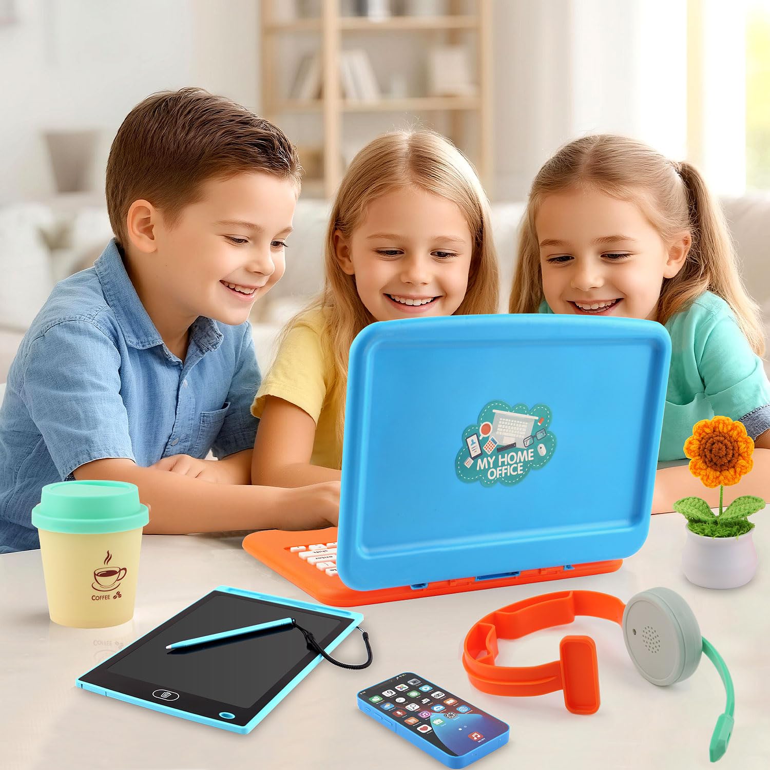 Juego de simulación, juego de oficina en casa para niños, cuenta con computadora portátil de juguete, tableta de escritura LCD, teléfono de juguete, auriculares, girasol y taza de café, regalos de 7