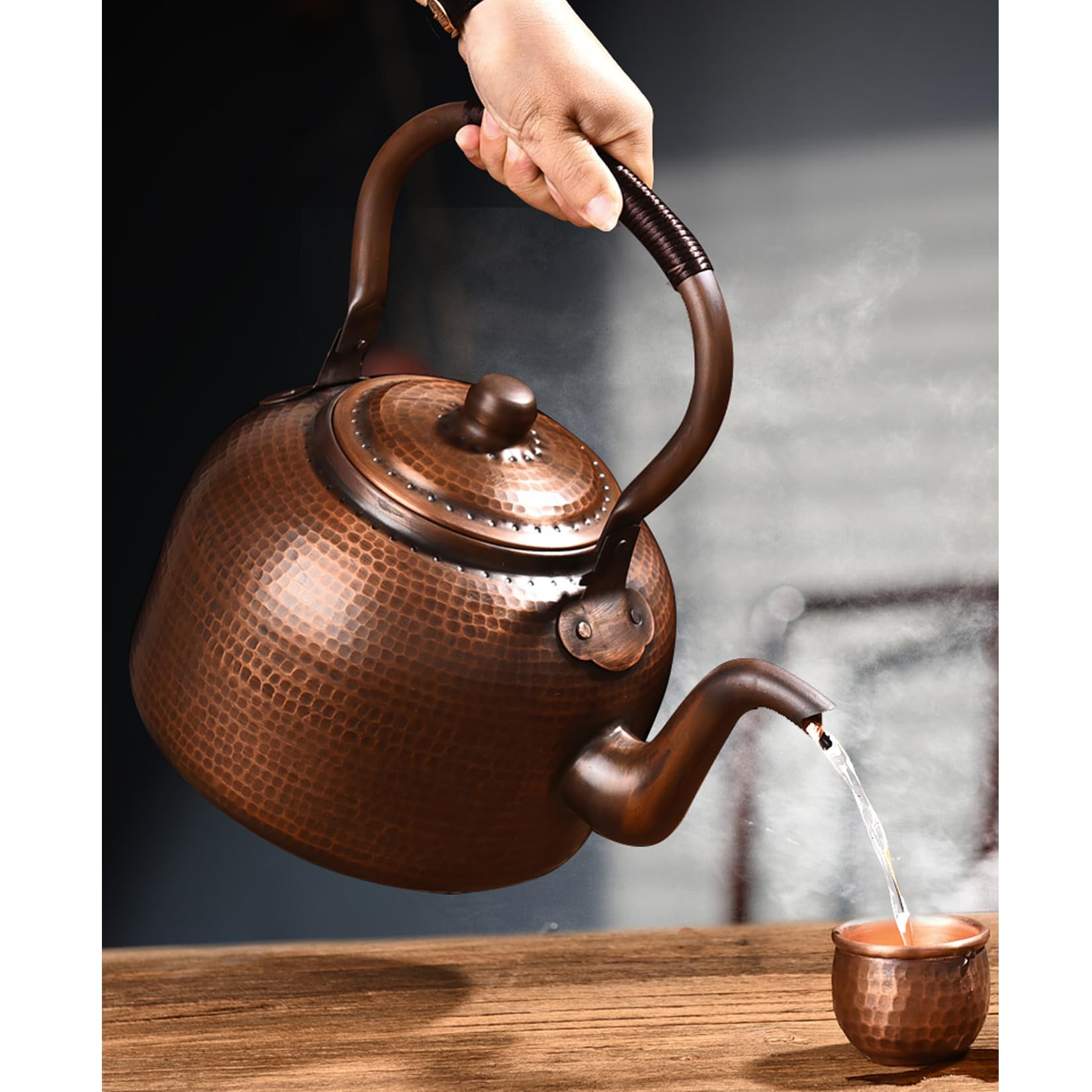 Wasserkessel Pfeifkessel,Handgeschmiedet Aus Verdicktem Reinem Kupfer,Automatische Sirene,Wenn das Wasser Kocht,Geflochtener Seilgriff zum Schutz Vor Verbrühungen,3L/5L (B/3L/No Hooting)