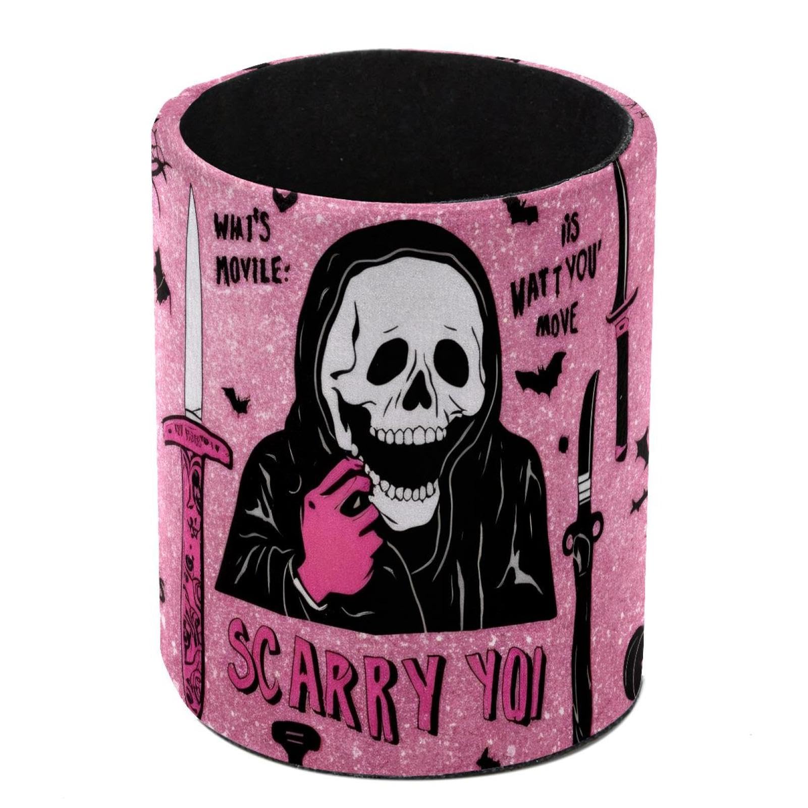 HEOEH Halloween Scarry Skeleton Pink Pen Holder for Desk, PU Leather Pencil Holder Pen Cup Marker Holder Makeup Brush Holders, Desk Accessories & Workspace Organizers for Home, Office