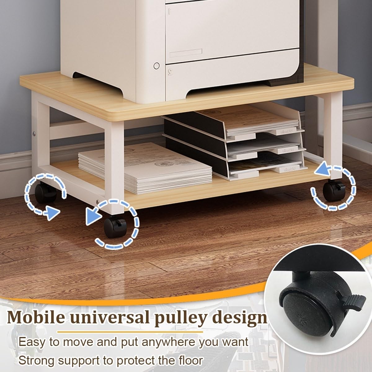 Druckertisch mit Rollen, Platzsparender Druckerwagen mit Regalboden für Zuhause & Büro, Mobiler Druckerständer unter dem Schreibtisch, Mit Feststellrollen, Einfach zu montieren(Black,W 50cm/19.6in)