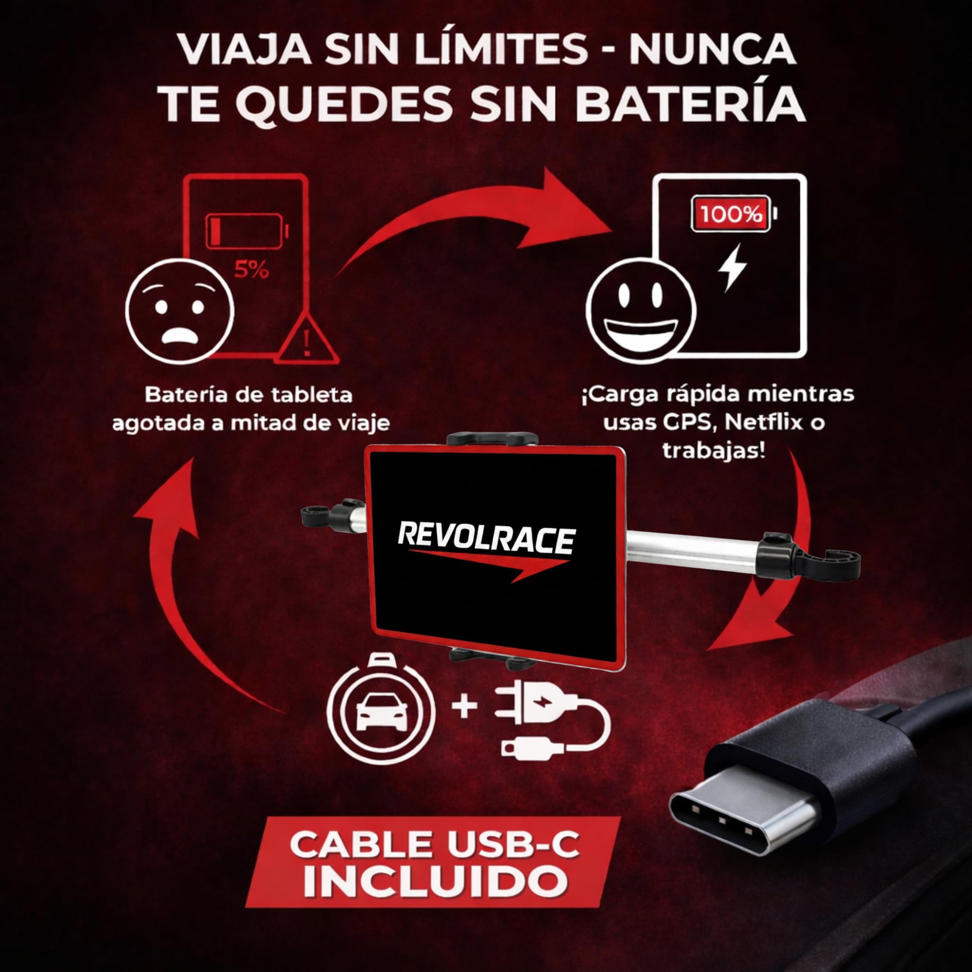 Soporte Tablet Coche Entre Dos Reposacabezas, Ultra Estable y Ajustable 360º, Compatible iPad 4.7-14", Ideal para Viajes en Asiento Trasero. Incluye Cable USB-c