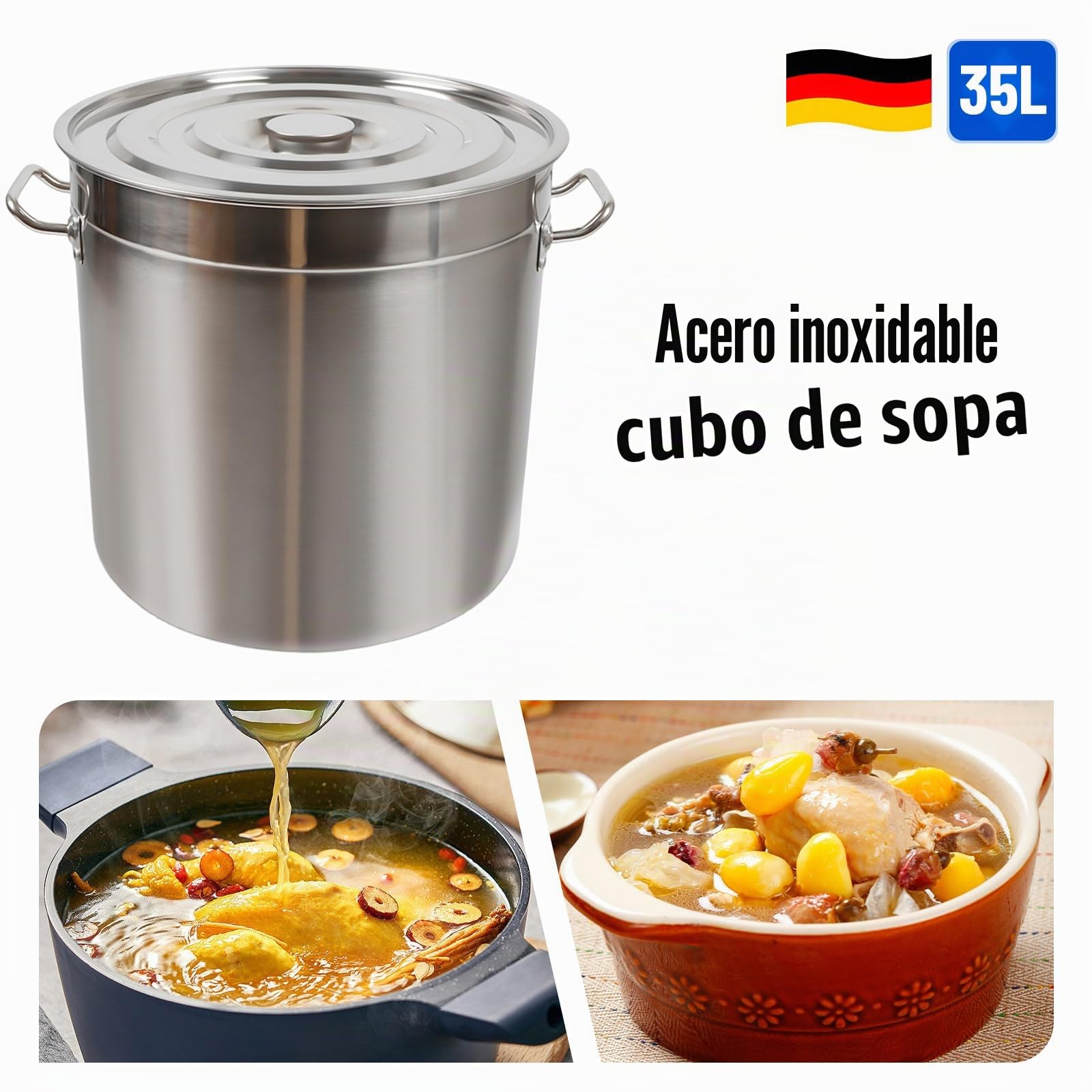 Olla grande de acero inoxidable de 35 litros, diámetro de 37 cm x 36 cm, olla universal para inducción, cacerola, cacerola, cacerola, cacerola de acero inoxidable, para todo tipo de cocinas y cocinas
