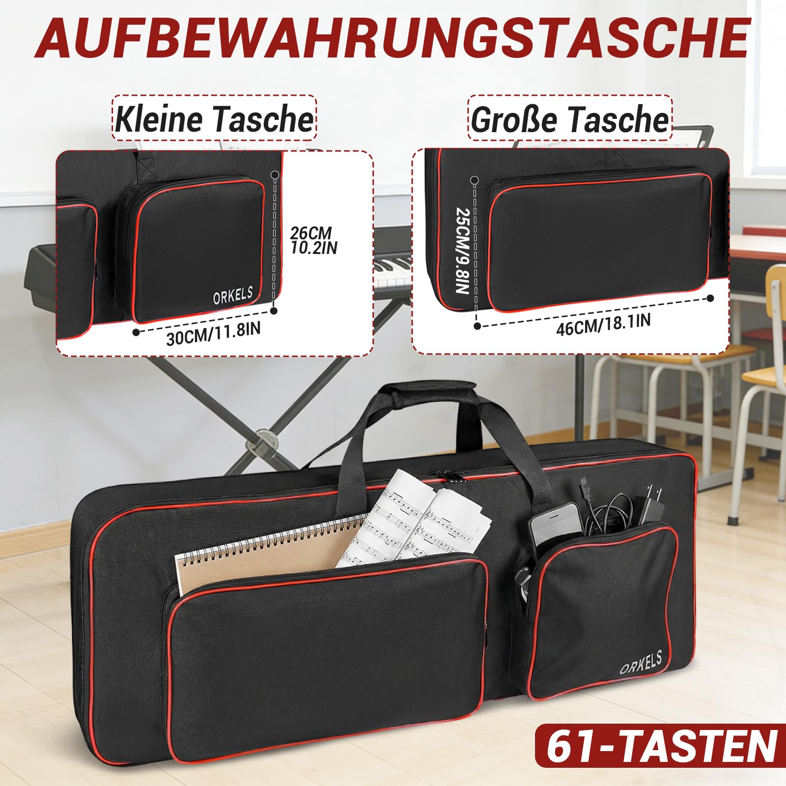 Custodia per tastiera per e-iano, imbottita 600D, impermeabile, con spallacci e scomparto per accessori (61 tasti, 105 × 43,5 × 15,5 cm)