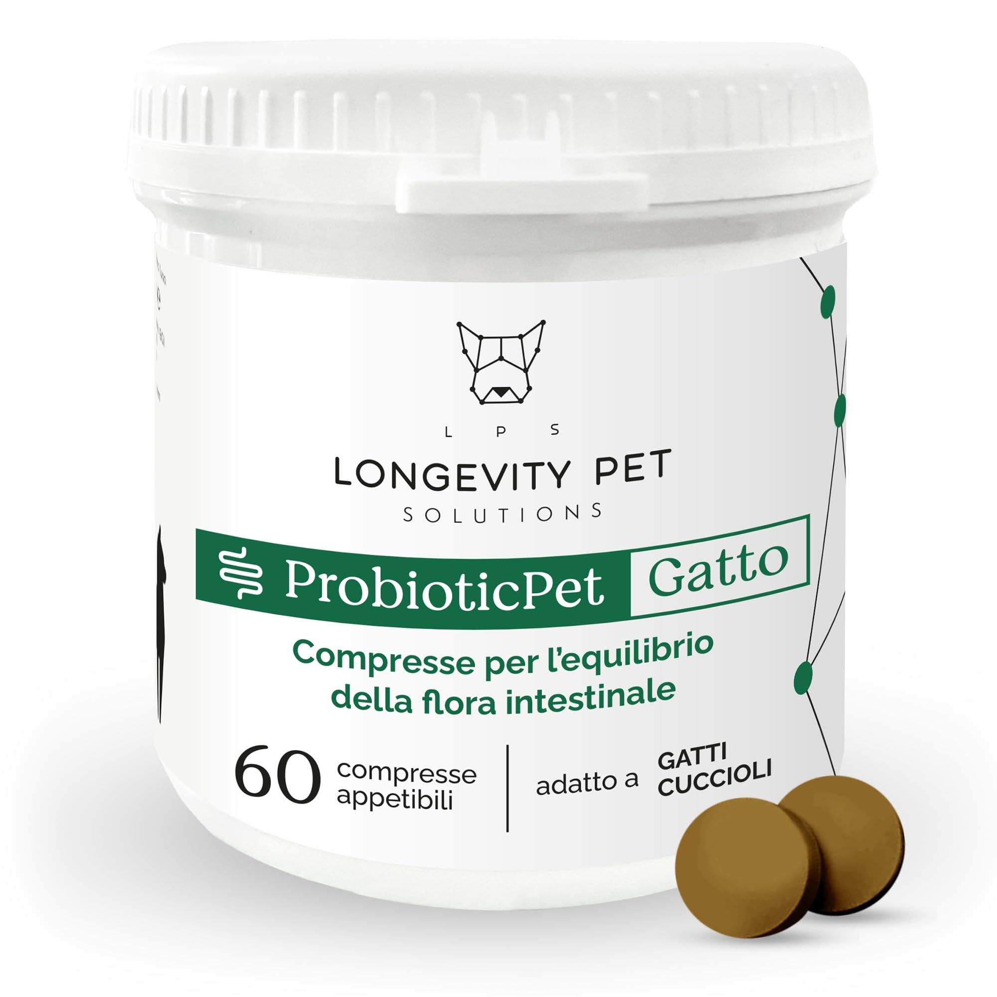 Fermentos Lácticos ProbioticPet Gato 60 CPR | Probióticos para el Equilibrio Intestinal | Suplementos para Gatos para Digestión, Heces Poco Formadas, Salud Intestinal | Longevity Pet