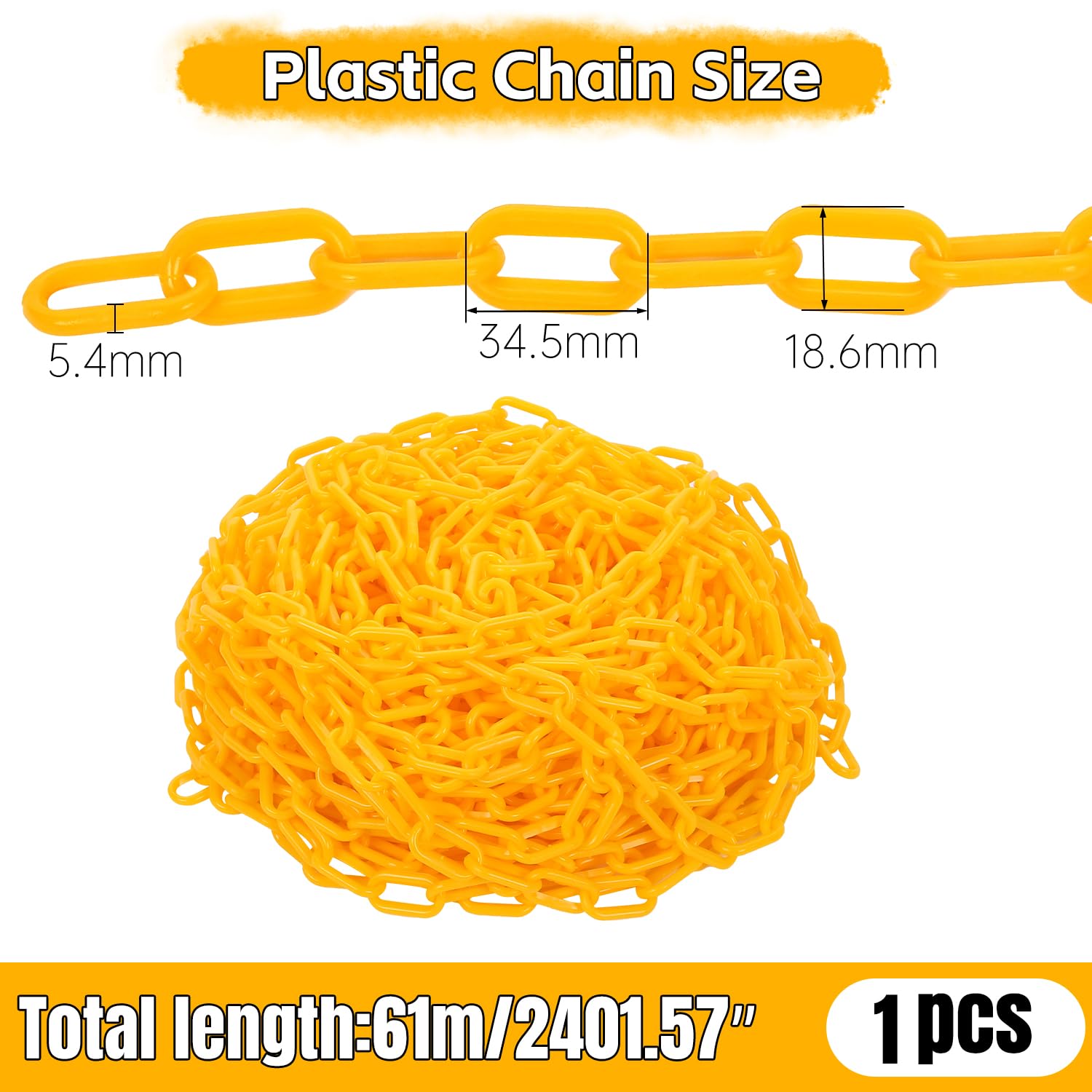 Cadena de bloqueo de 61 m, color amarillo, cadena de cierre de plástico para seguridad de advertencia, control humano, tráfico, línea de cola