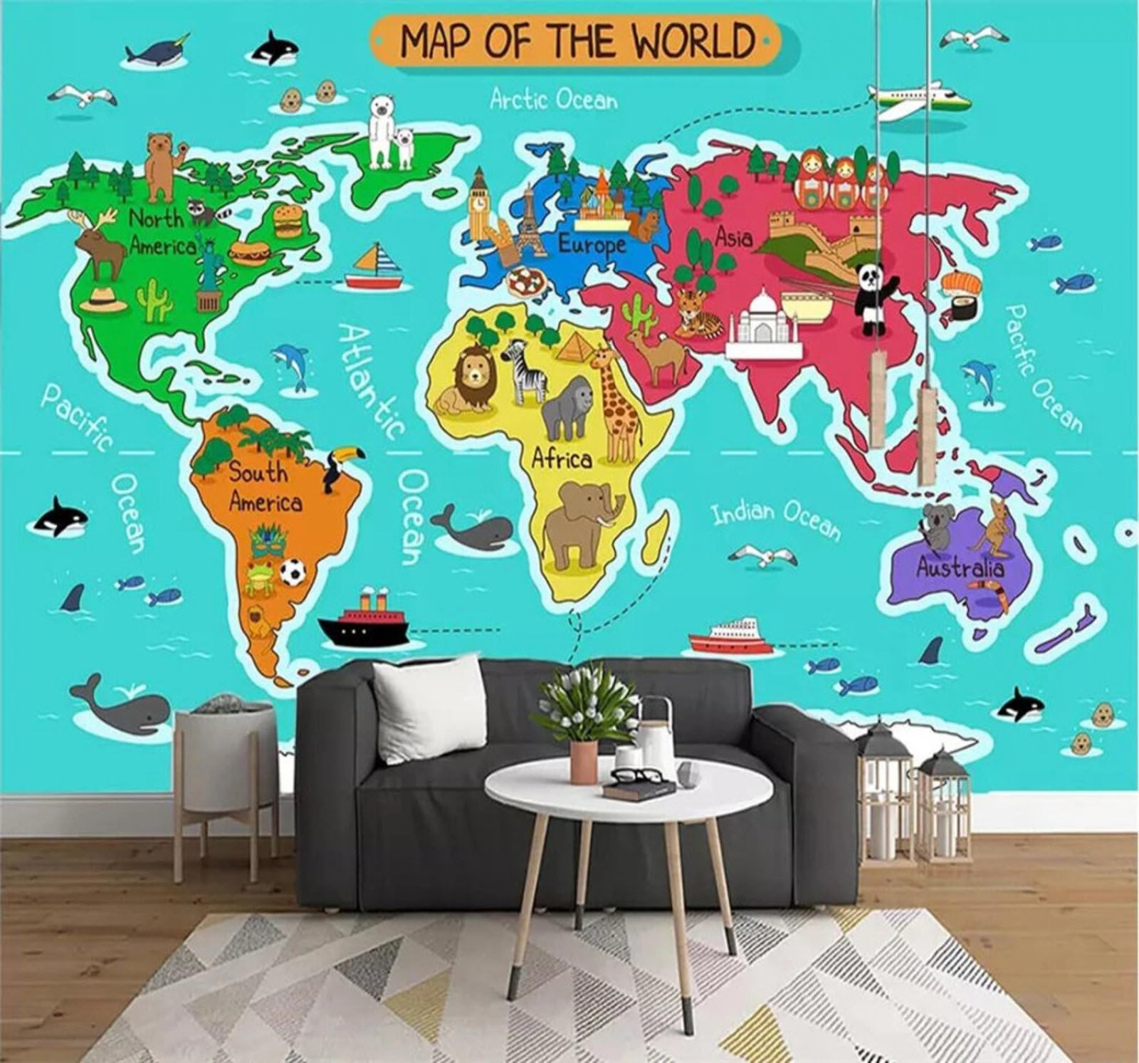 Minimalist Hand Drawn Cartoon Animals World Map 3D Wallpaper Easy Install Feature Office Living Room Sofa Bedroom TV Background Wall Decoration-150cm×105cm