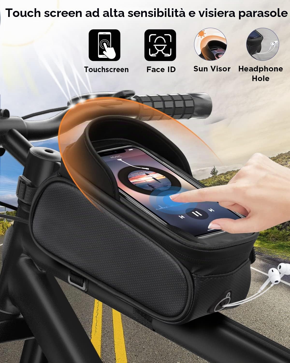 Borsa da bicicletta, telaio per bicicletta, supporto per cellulare, borsa per telaio, borsa per manubrio, supporto per cellulare, borsa superiore con foro per cuffie per smartphone sotto i 6,8" (nero)