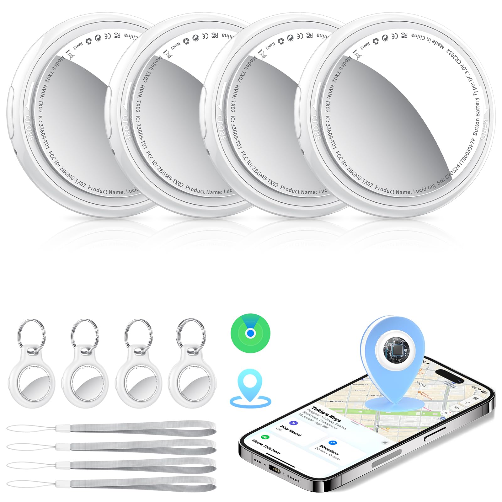 Tukio Air Tags Schlüsselfinder 4er Pack für Apple Wo ist? APP (Nur iOS) | [MFi-Zertifiziert] Smart Tracker Key Finder Austauschbarer Akku, 100 dB Alarm, Koffer Tracker für Gepäck/Taschen/Schlüssel