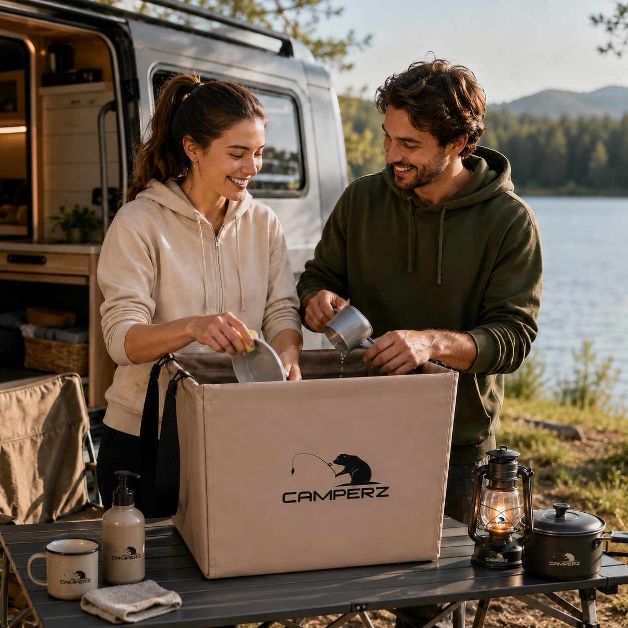 Bol pliable de camping 20 l – Bac à vaisselle pliable avec poche en filet, seau pliable stable et bac de lavage pour camping-car, vanlife, pêche et extérieur – étanche, marron