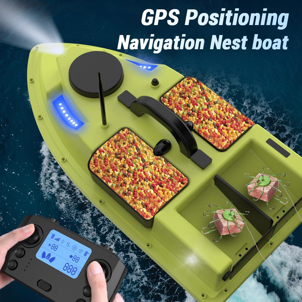 Matybobe RC, 500 m, telecomando senza fili, barca per esche da pesca, barca per feeder con 4 contenitori per esche, portata 2 kg