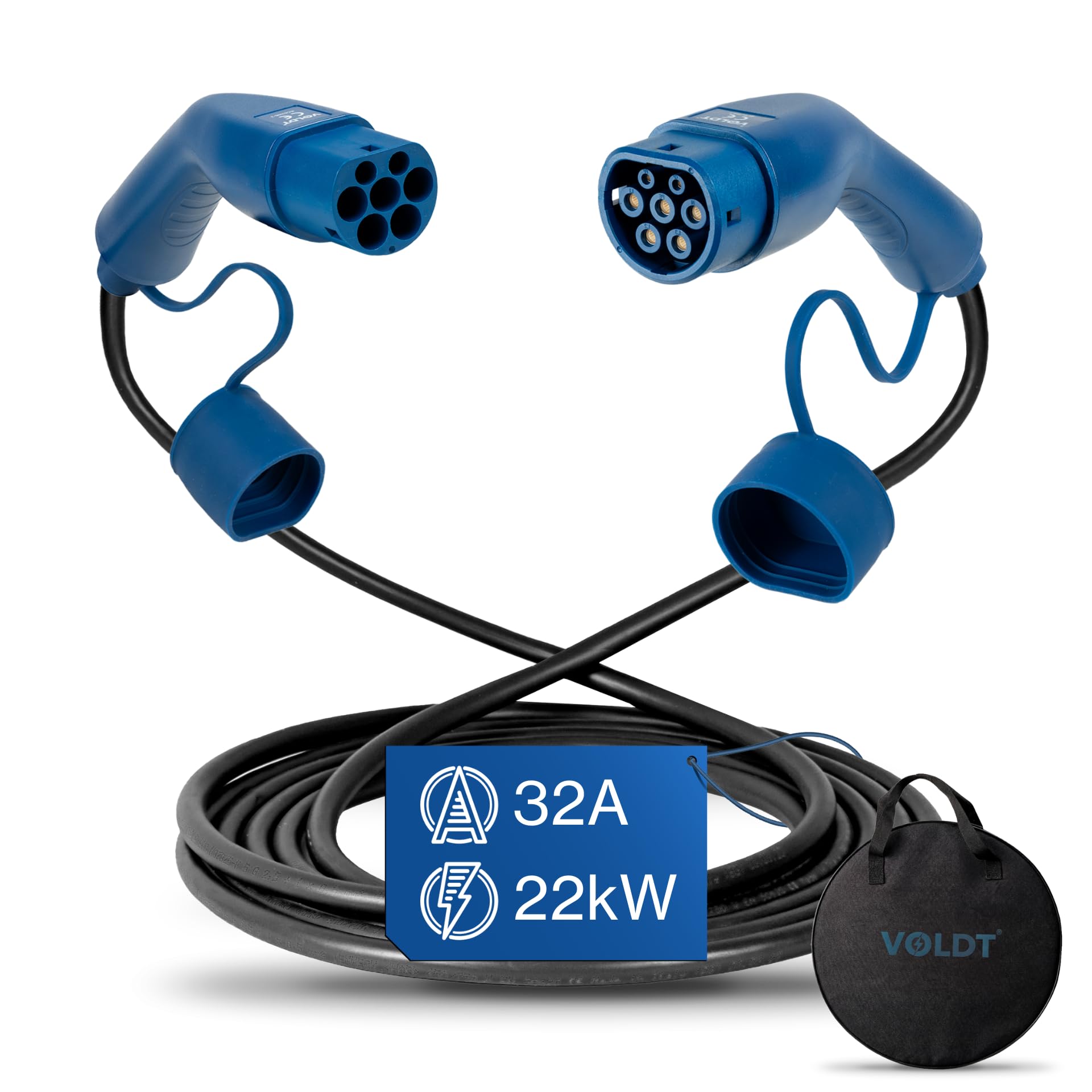 VOLDT Typ 2 Ladekabel 22 kW 32A, 3-phasig für EV Elektroautos PHEV, Typ 2 zu typ 2 Modus 3 Ladekabel, geeignet für Modell S/X/Y/3, ID.4, E-Tron, e-208, I4, IX1, Zoe etc IP67-geschützt