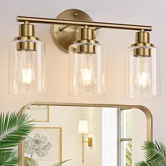 3-Light Bathroom Light Fixtures, Brushed Brass Bathroom Wall Lights with Clear Glass Shade, Modern Bathroom Wall Lamp for Mirror Kitchen Living Room Hallway Cabinet