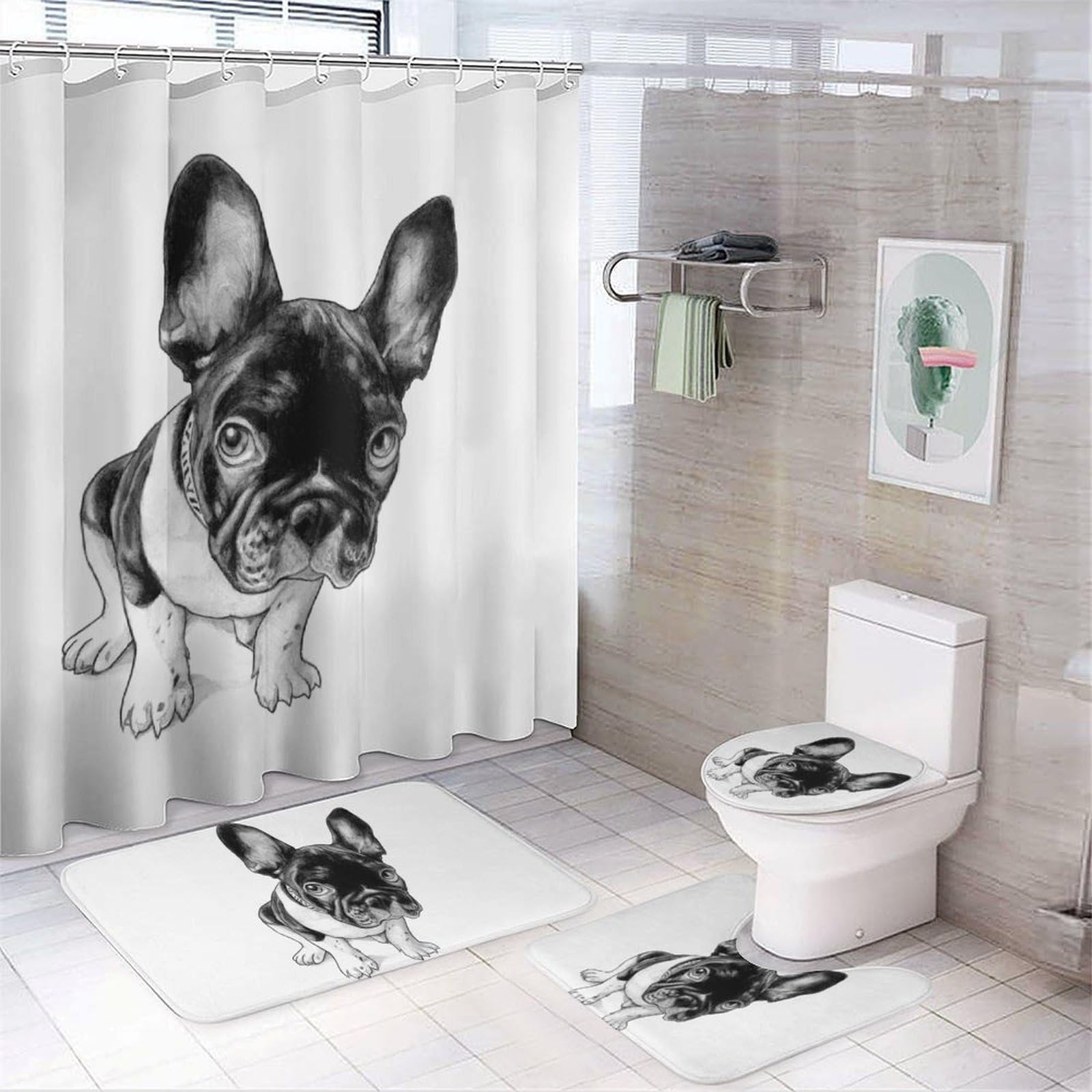 JZemdybill Bathroom Mat Set 4 Piece, French Bulldog Shower Curtain with Non-Slip Bath Mats for Bathroom