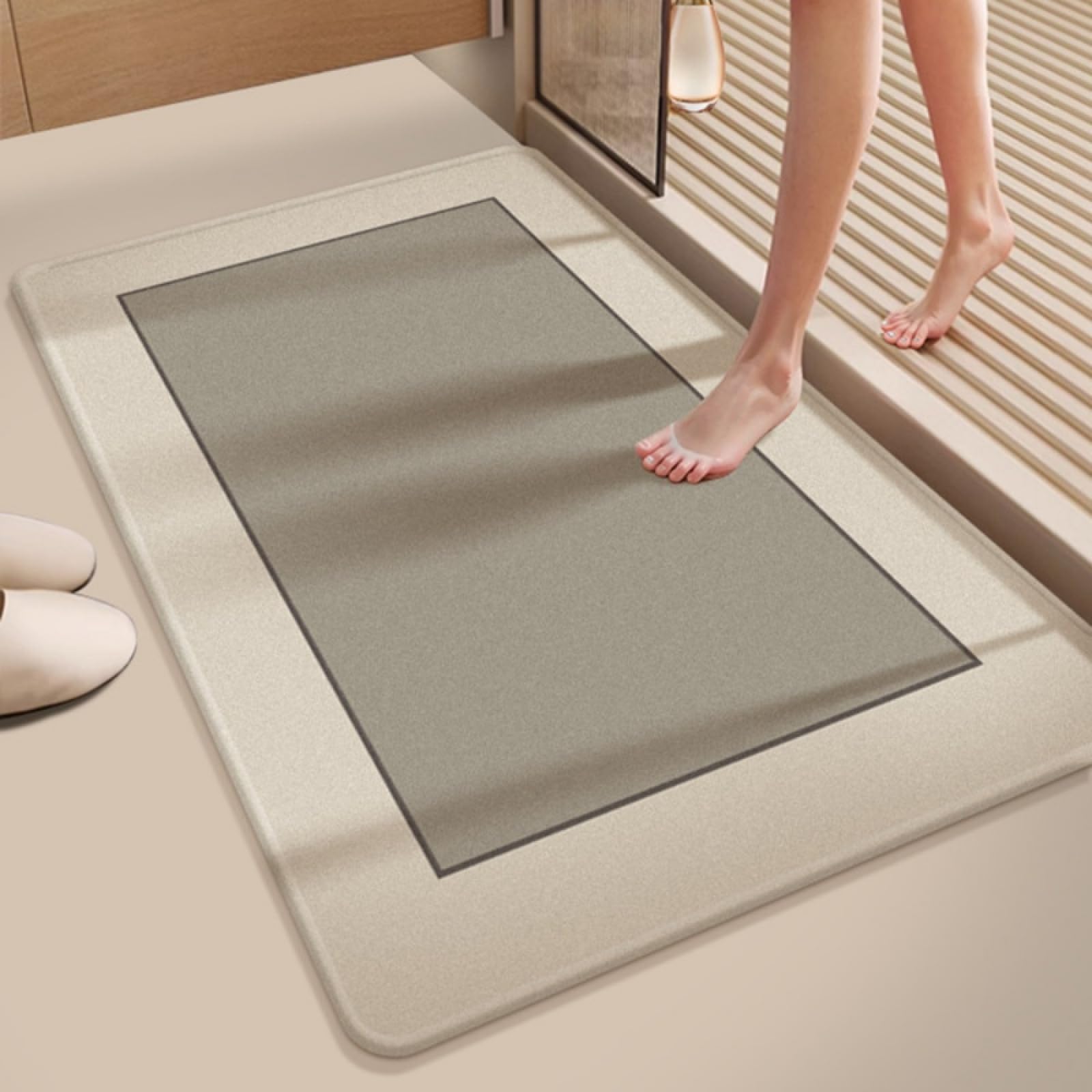 Alfombra Baño Diatomita Beige Gris Secado Rapido, Agua Súper Absorbente Alfombrilla De Baño Antideslizantes,Suave Y Acogedora