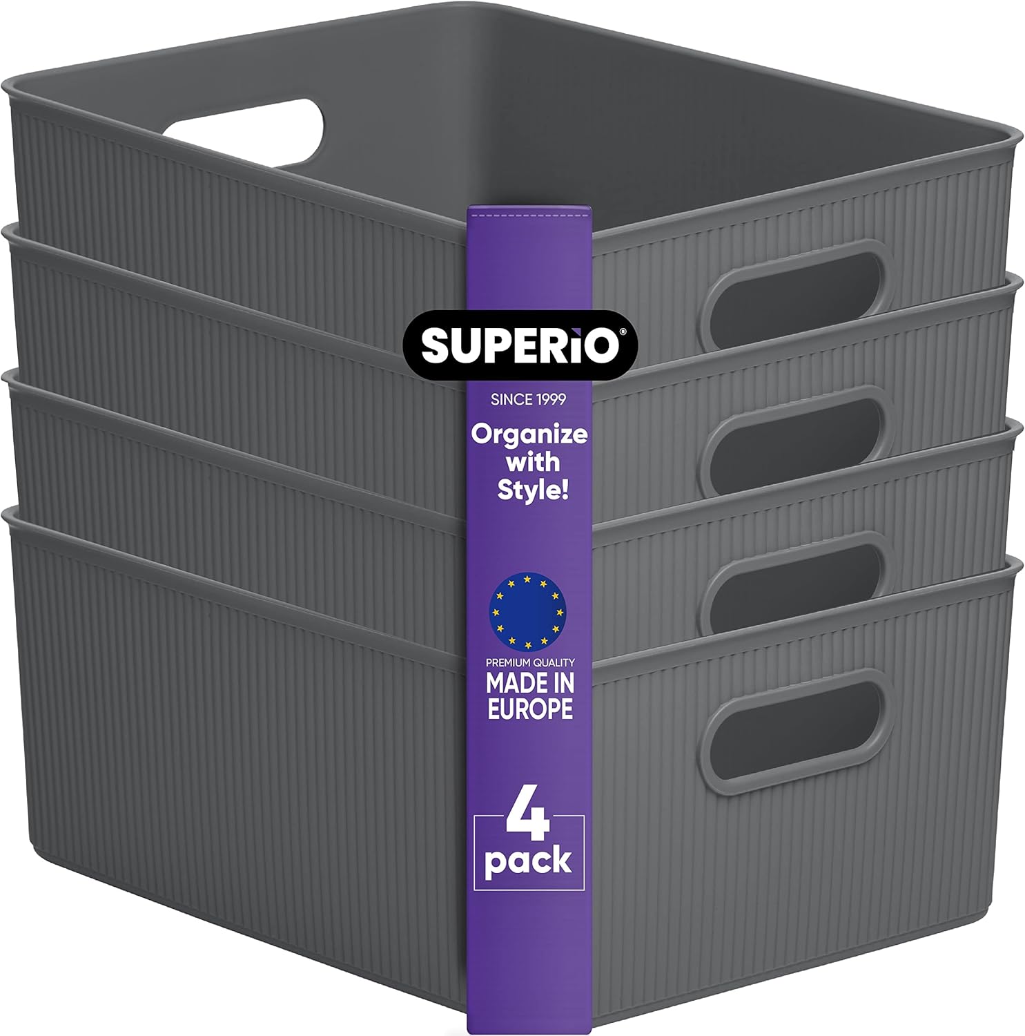 Superio Ribbed Collection – Decorative Plastic Open Home Storage Bins Organizer Baskets, Large Grey (4 Pack) Container Boxes for Organizing Closet Shelves Drawer Shelf 15 Liter/16 Quart