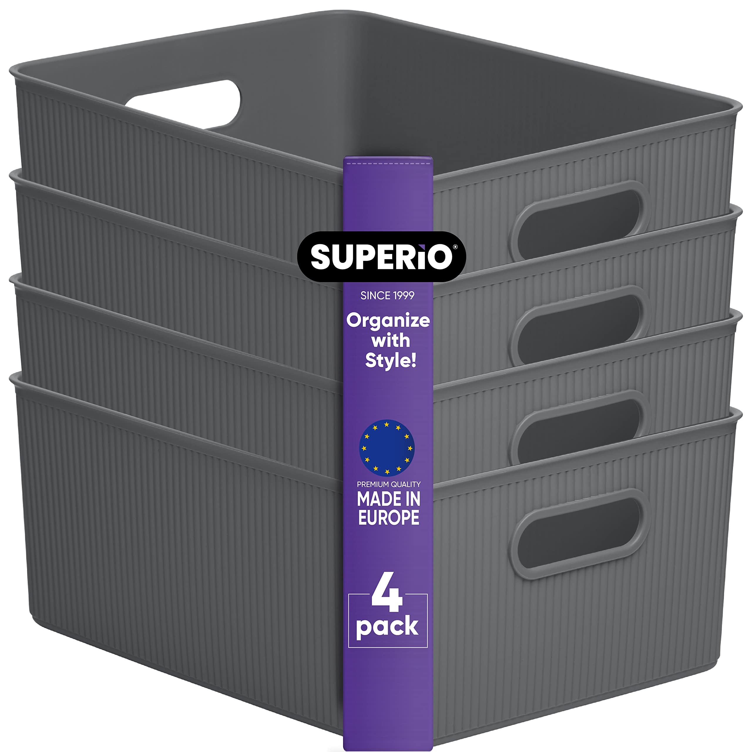 Lot de 4 bacs de rangement décoratifs en plastique, grands paniers de rangement gris pour organiser les étagères de placard, cuisine, garde-manger, salle de bain, design nervuré 15 litres/16 litres